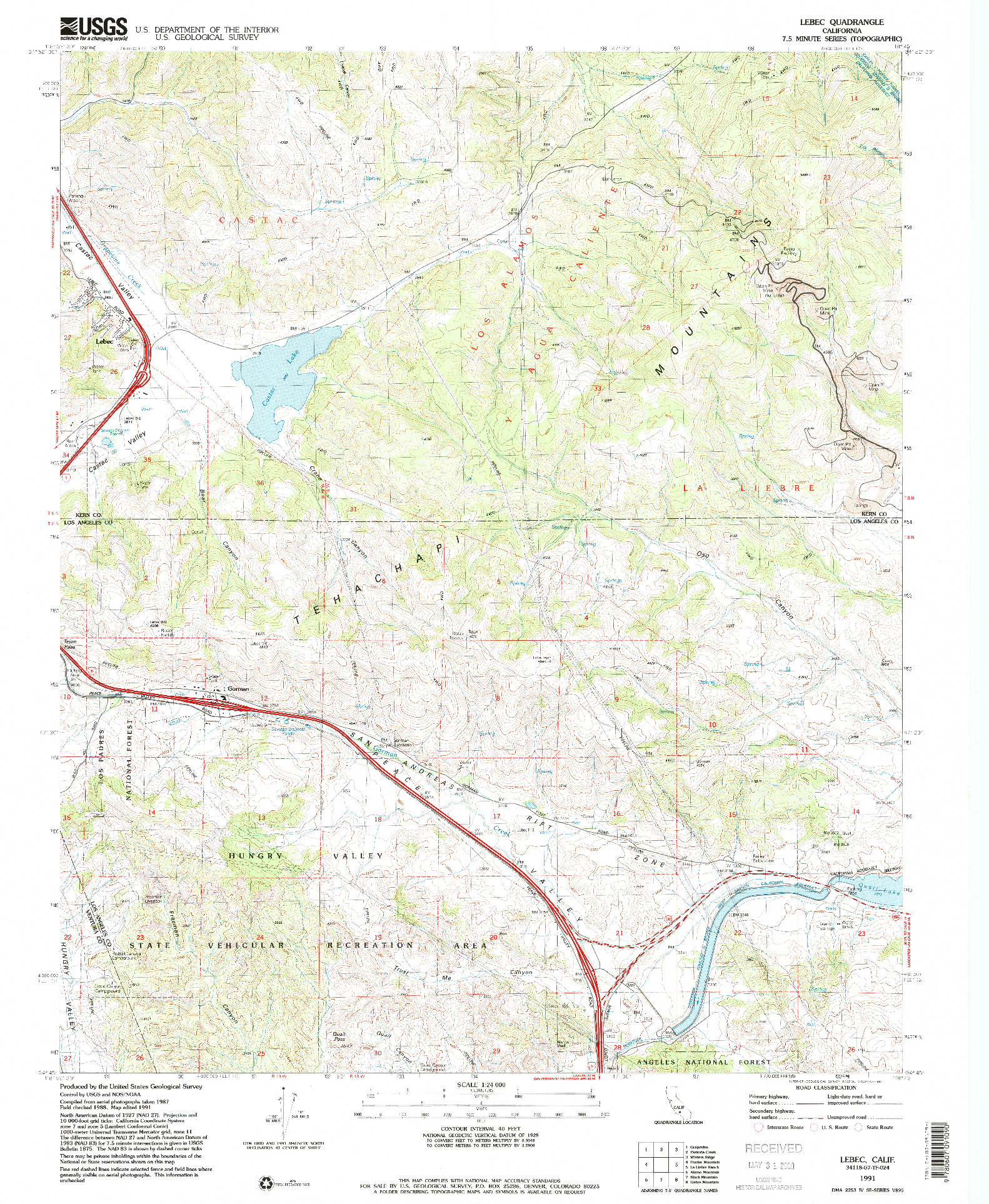 USGS 1:24000-SCALE QUADRANGLE FOR LEBEC, CA 1991