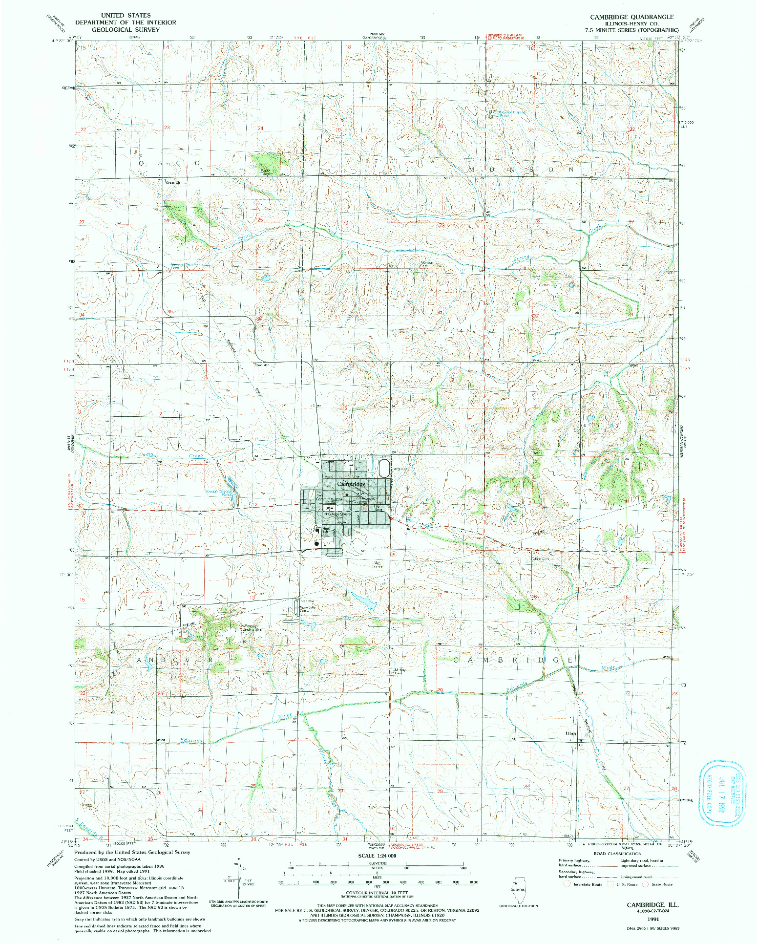 USGS 1:24000-SCALE QUADRANGLE FOR CAMBRIDGE, IL 1991