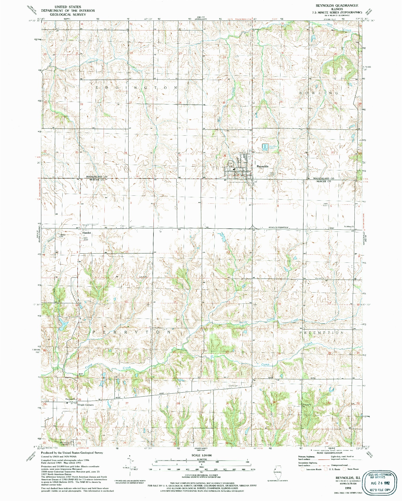USGS 1:24000-SCALE QUADRANGLE FOR REYNOLDS, IL 1991