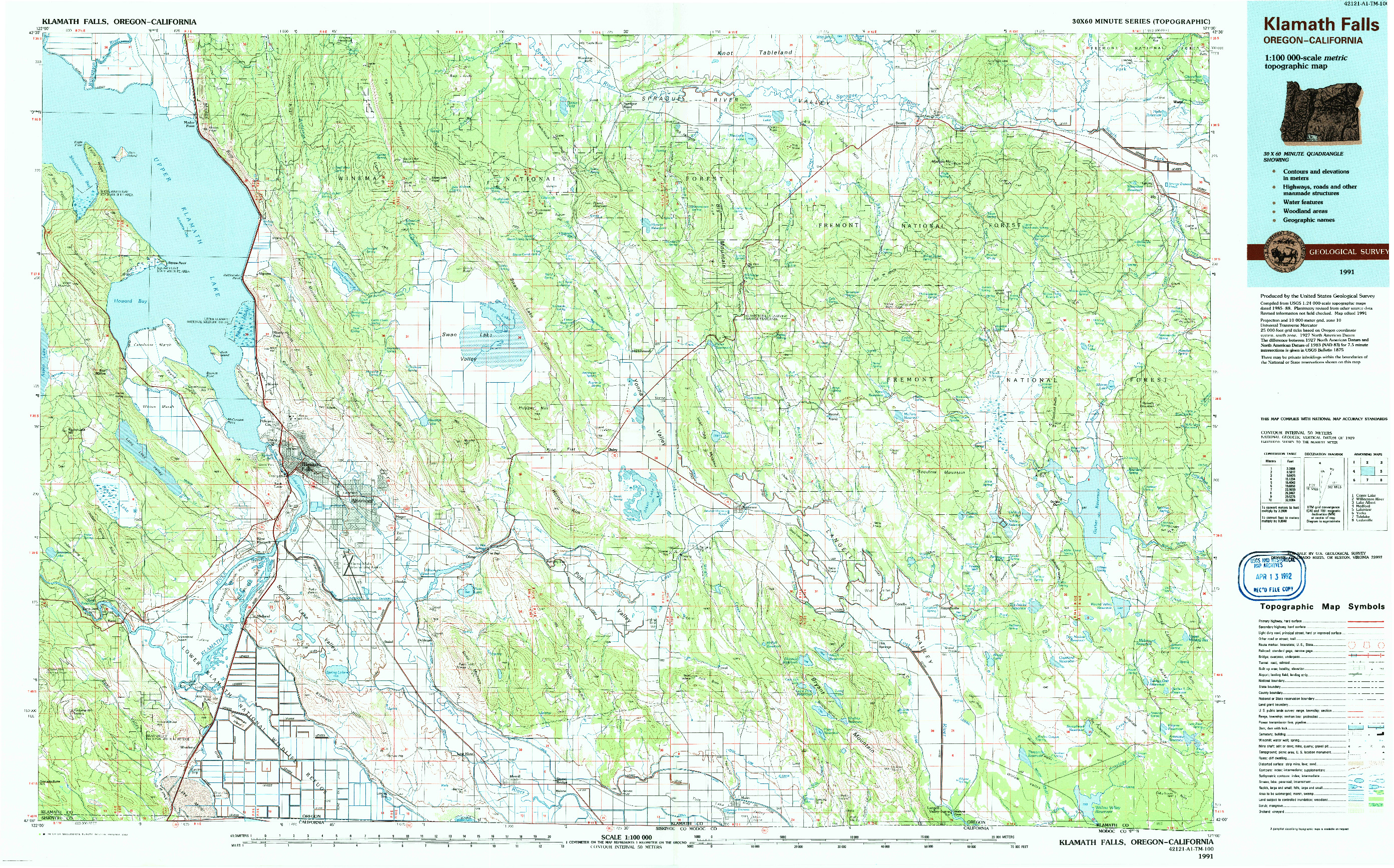 USGS 1:100000-SCALE QUADRANGLE FOR KLAMATH FALLS, OR 1991