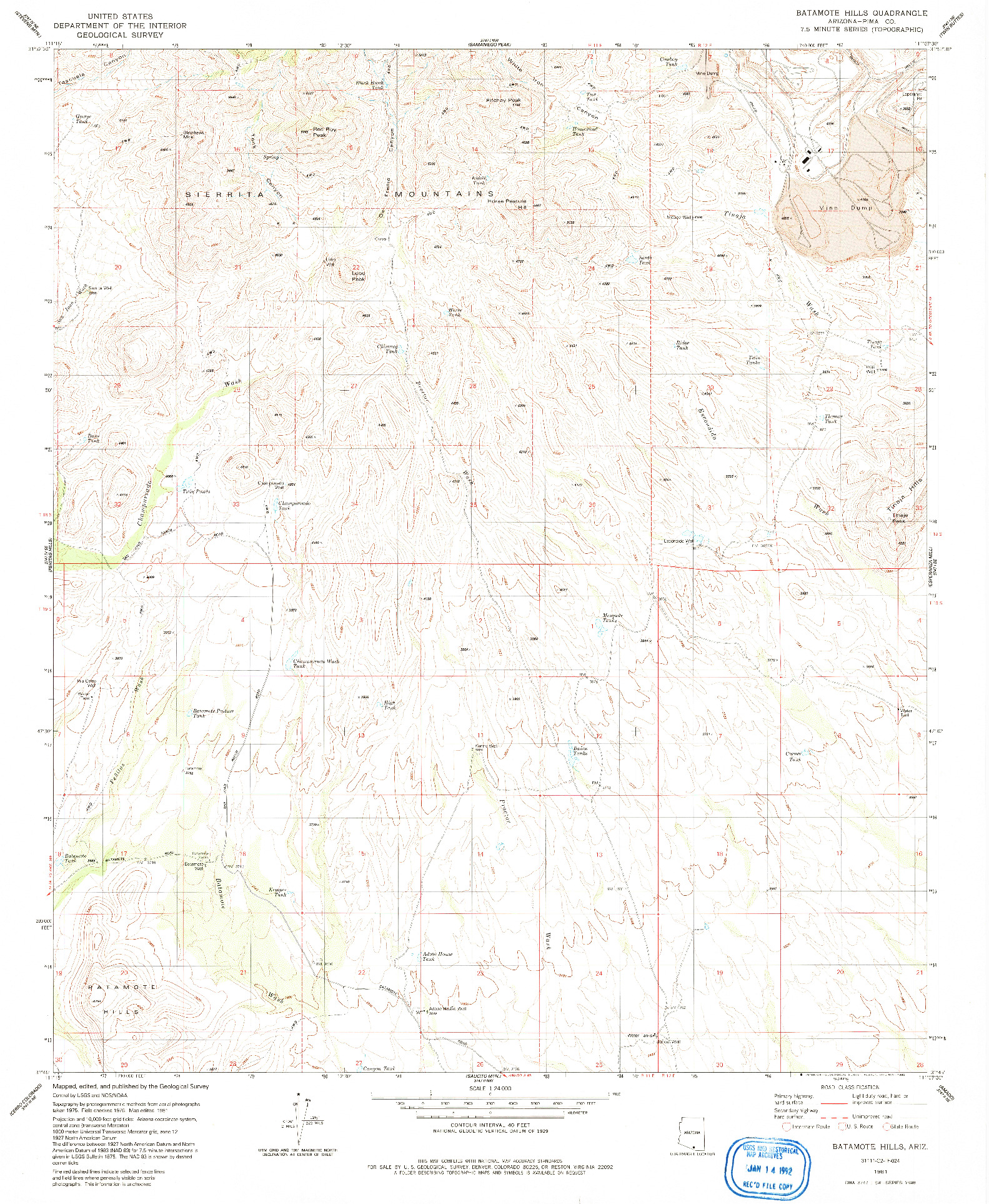 USGS 1:24000-SCALE QUADRANGLE FOR BATAMOTE HILLS, AZ 1981
