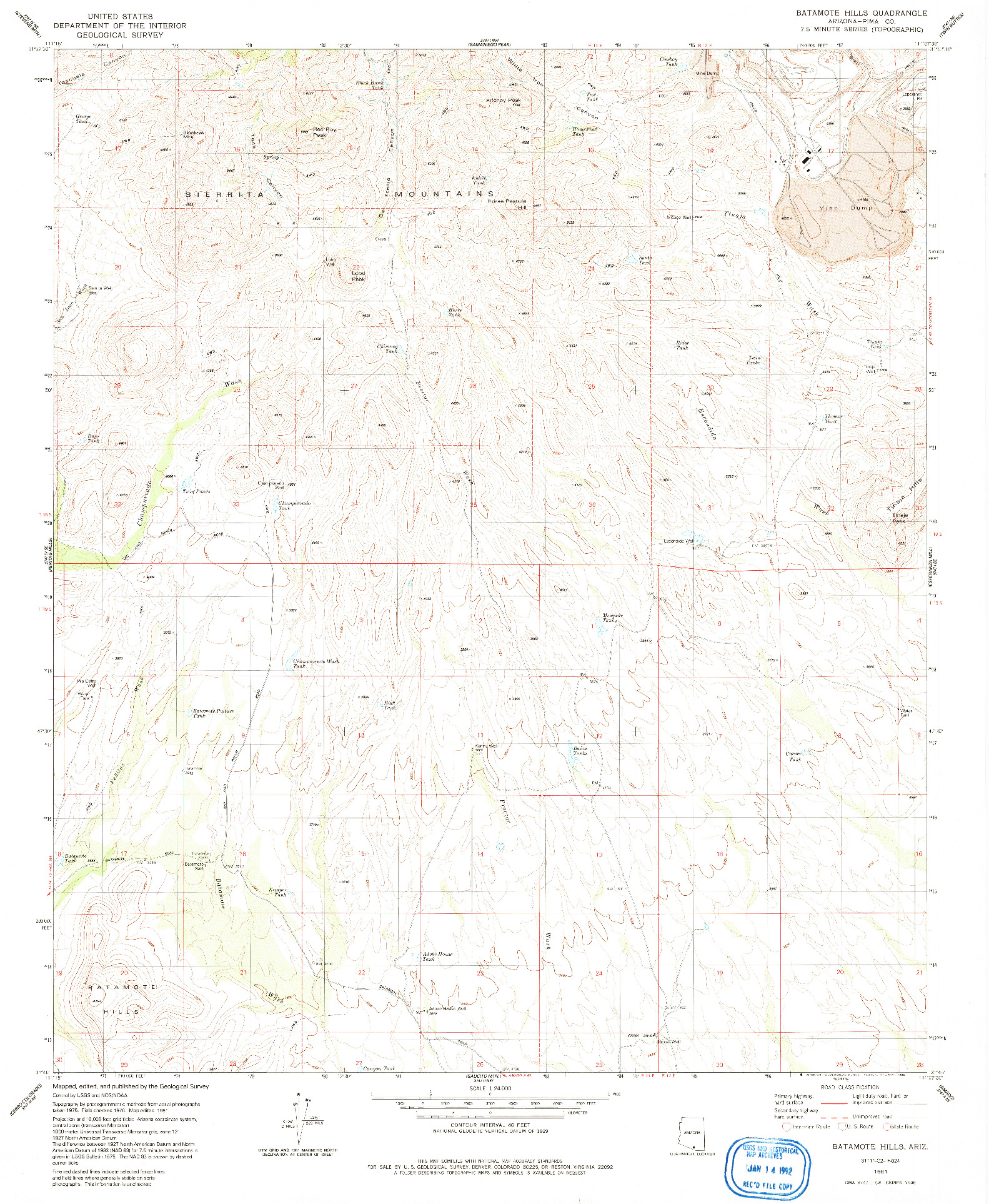 USGS 1:24000-SCALE QUADRANGLE FOR BATAMOTE HILLS, AZ 1981