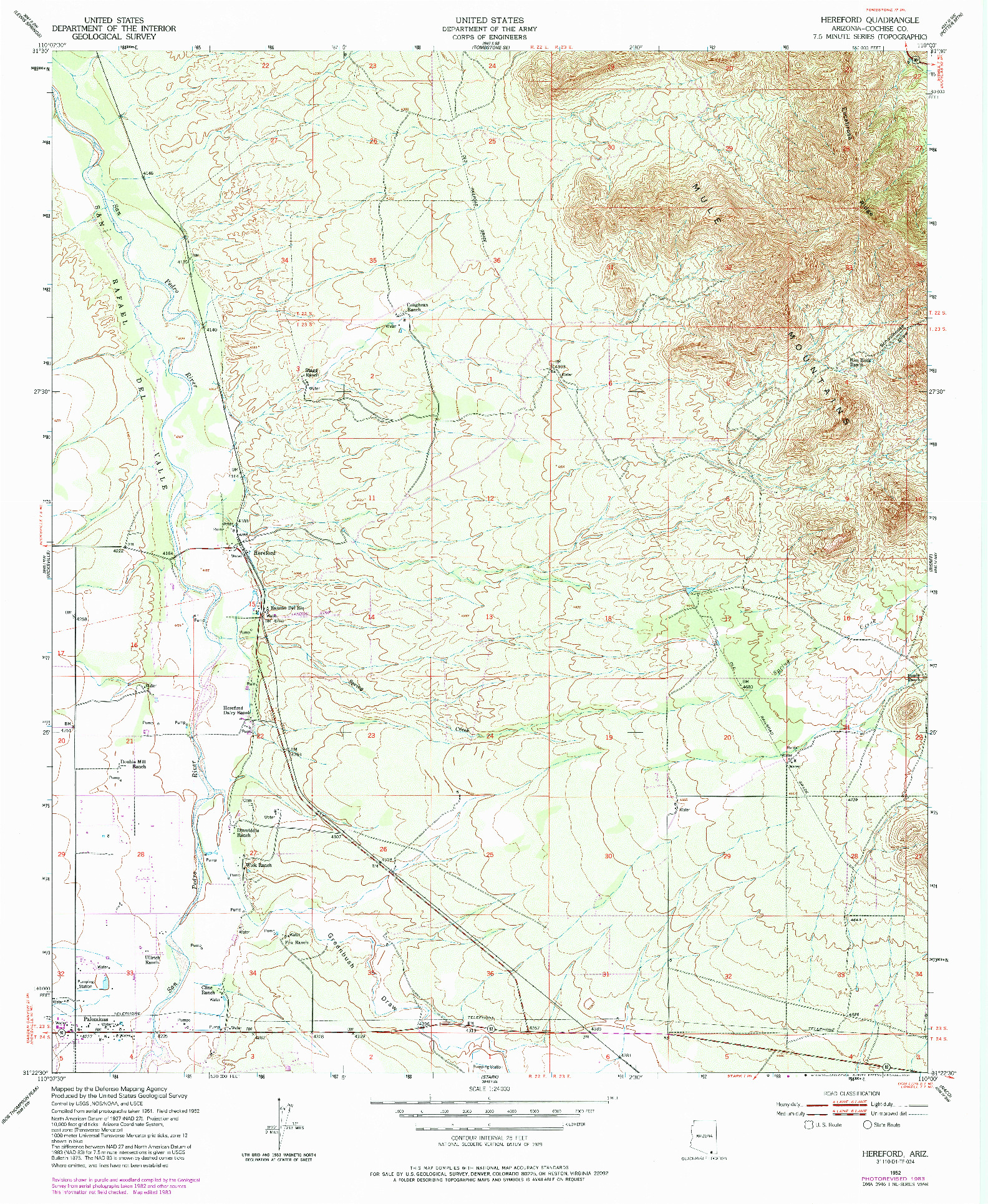 USGS 1:24000-SCALE QUADRANGLE FOR HEREFORD, AZ 1952
