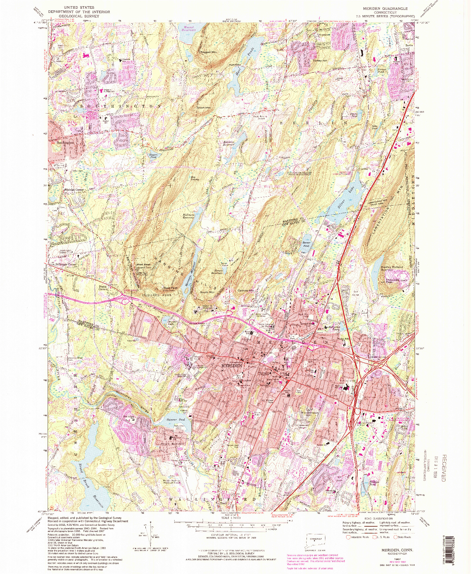 USGS 1:24000-SCALE QUADRANGLE FOR MERIDEN, CT 1967