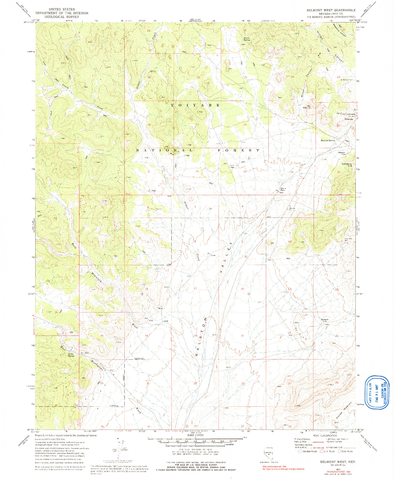 USGS 1:24000-SCALE QUADRANGLE FOR BELMONT WEST, NV 1971