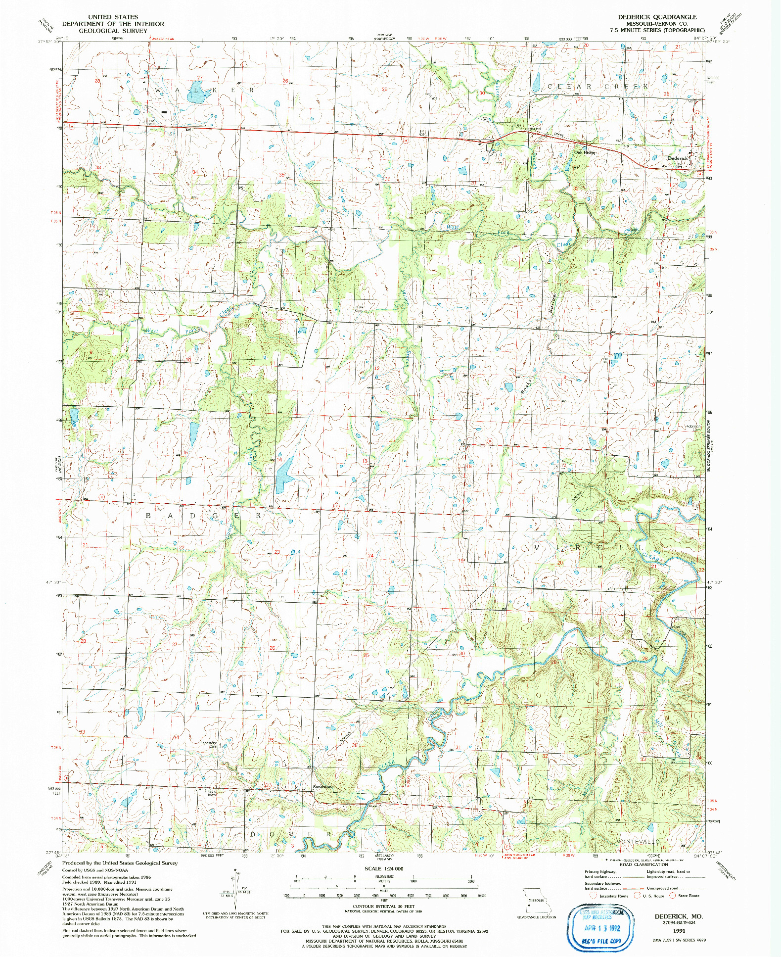 USGS 1:24000-SCALE QUADRANGLE FOR DEDERICK, MO 1991