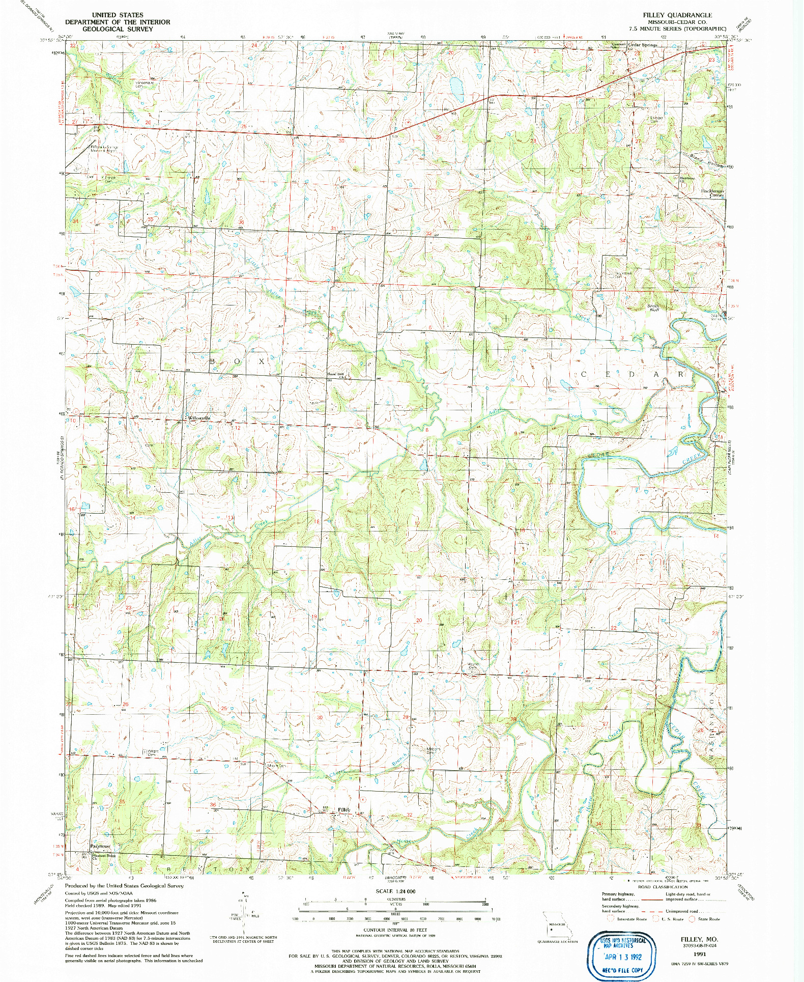 USGS 1:24000-SCALE QUADRANGLE FOR FILLEY, MO 1991