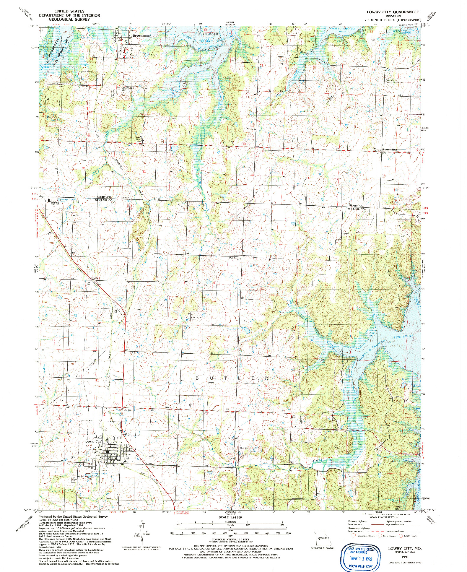 USGS 1:24000-SCALE QUADRANGLE FOR LOWRY CITY, MO 1991