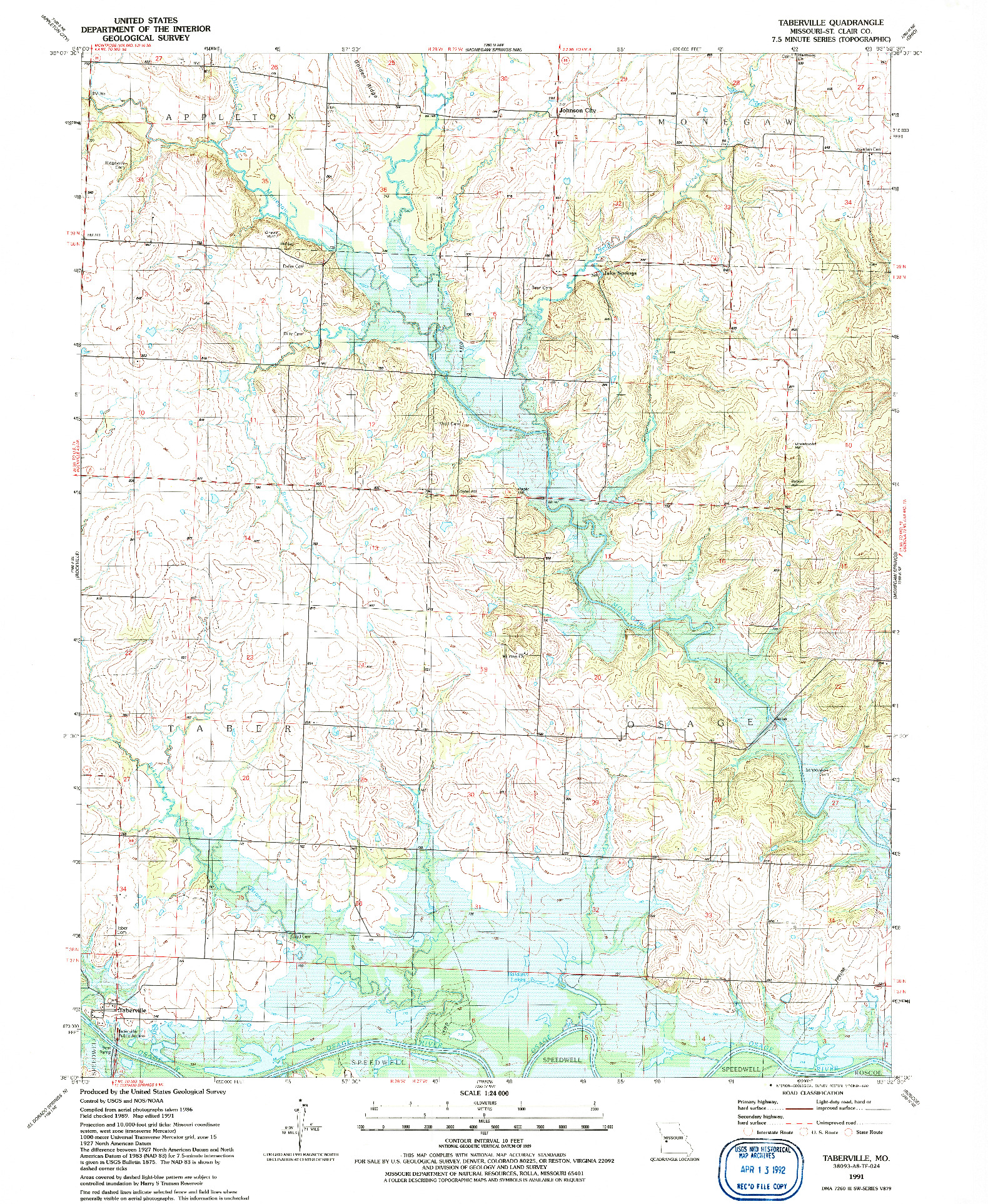 USGS 1:24000-SCALE QUADRANGLE FOR TABERVILLE, MO 1991