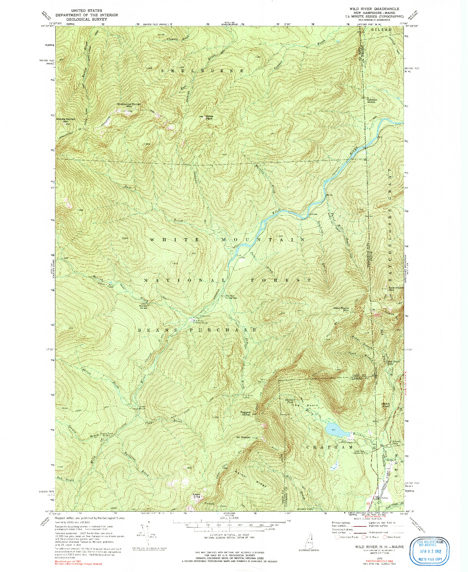 USGS 1:24000-SCALE QUADRANGLE FOR WILD RIVER, NH 1970