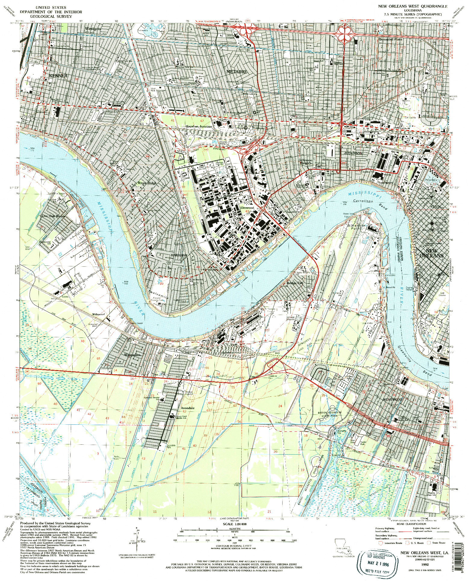 USGS 1:24000-SCALE QUADRANGLE FOR NEW ORLEANS WEST, LA 1992