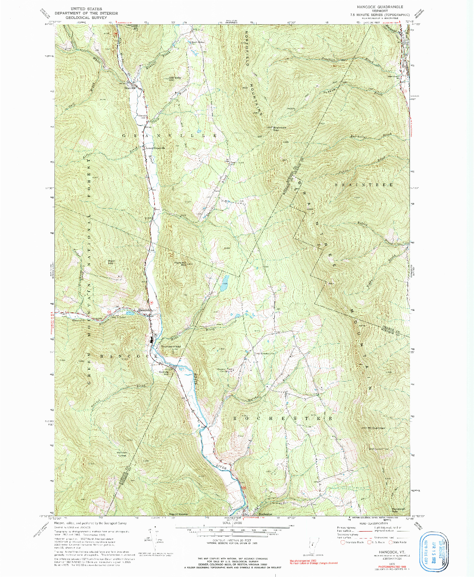 USGS 1:24000-SCALE QUADRANGLE FOR HANCOCK, VT 1970