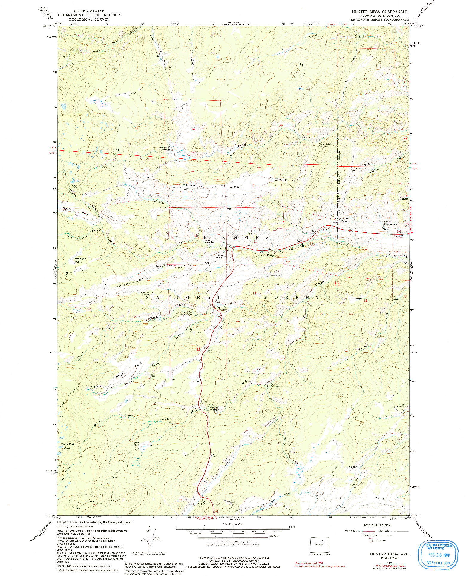 USGS 1:24000-SCALE QUADRANGLE FOR HUNTER MESA, WY 1967