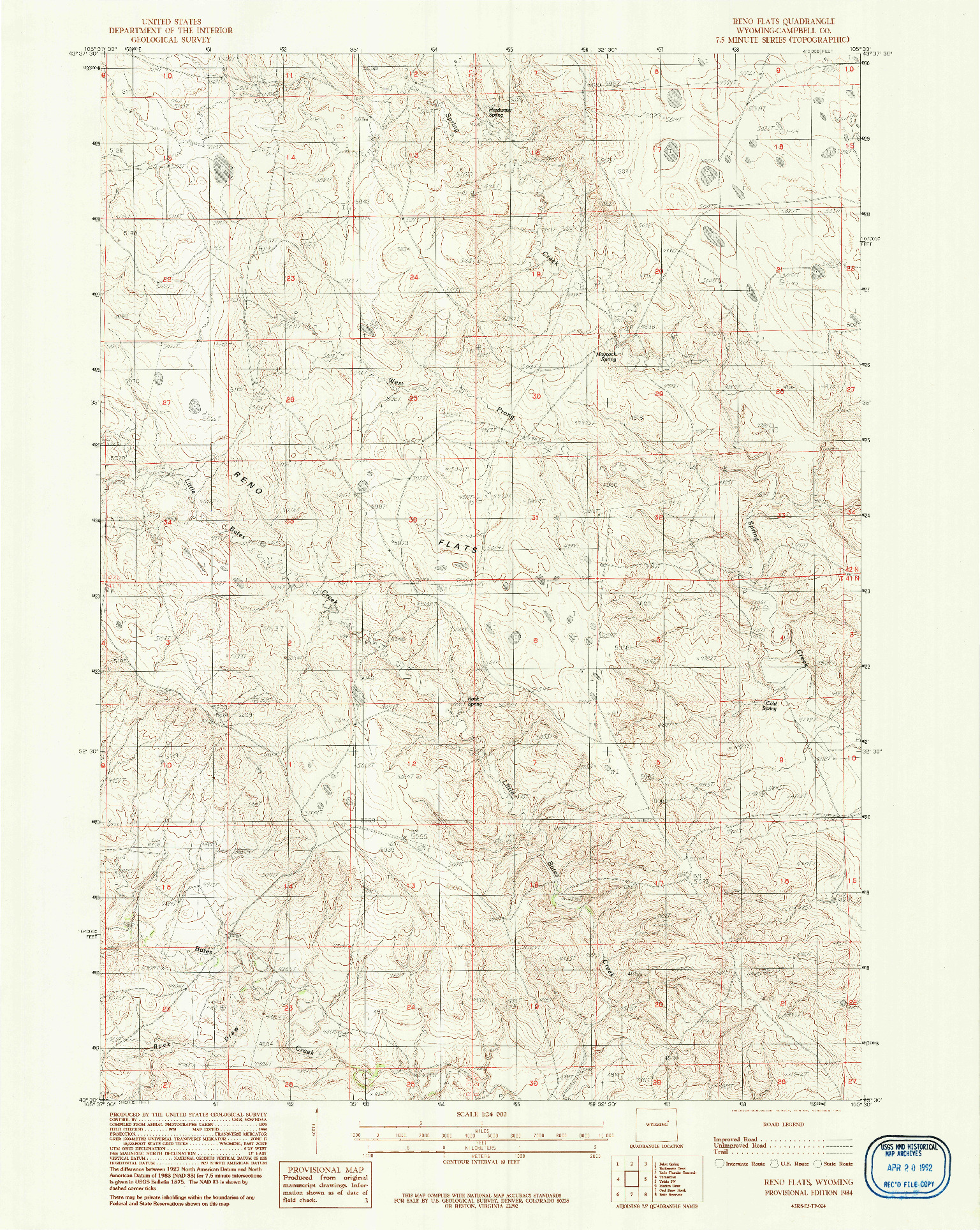 USGS 1:24000-SCALE QUADRANGLE FOR RENO FLATS, WY 1984