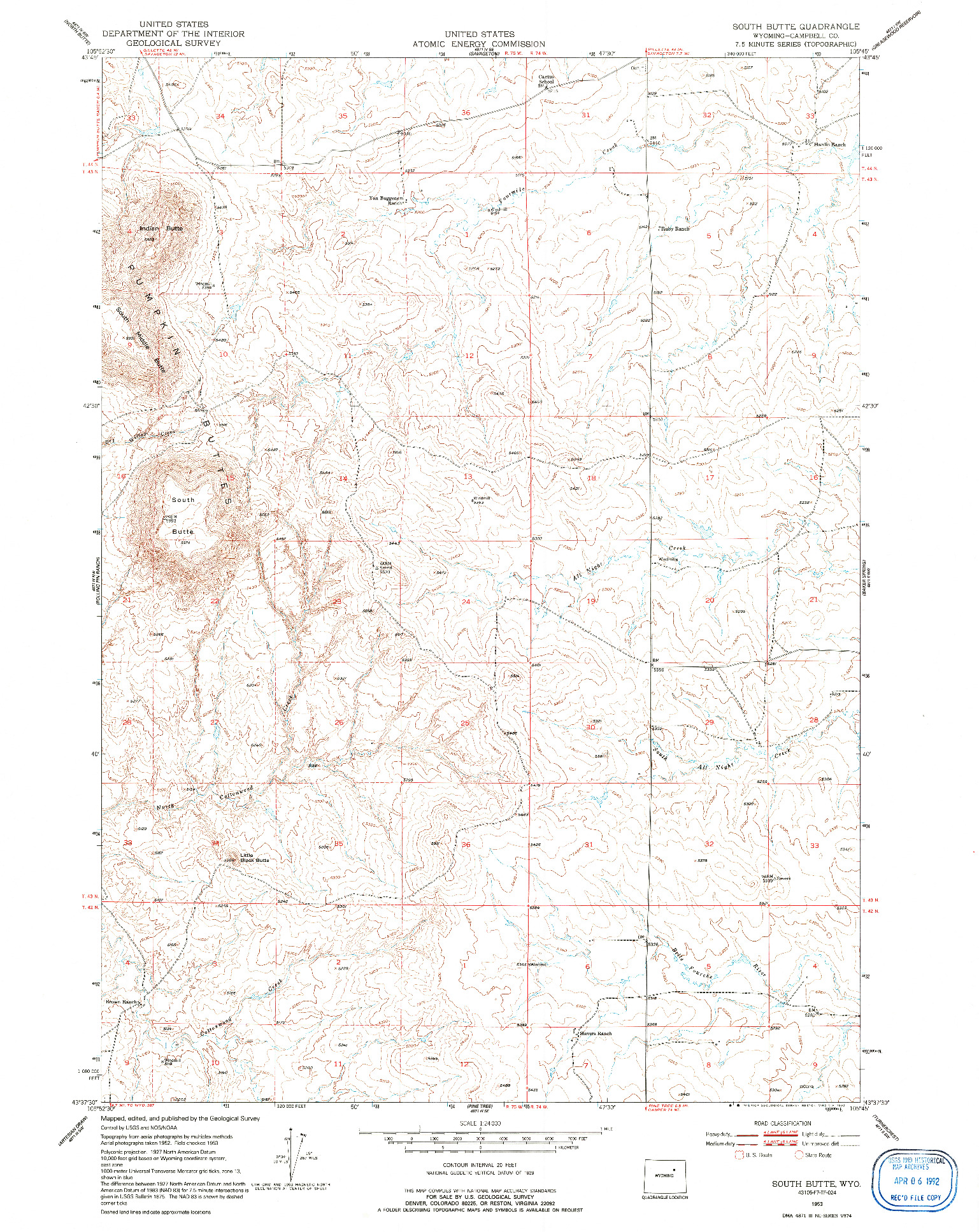 USGS 1:24000-SCALE QUADRANGLE FOR SOUTH BUTTE, WY 1953