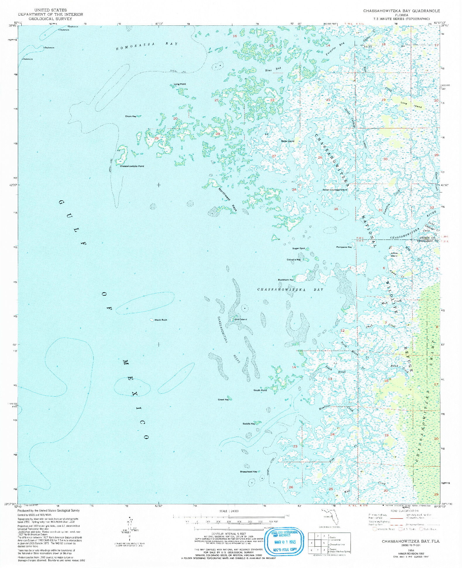 USGS 1:24000-SCALE QUADRANGLE FOR CHASSAHOWITZKA BAY, FL 1954