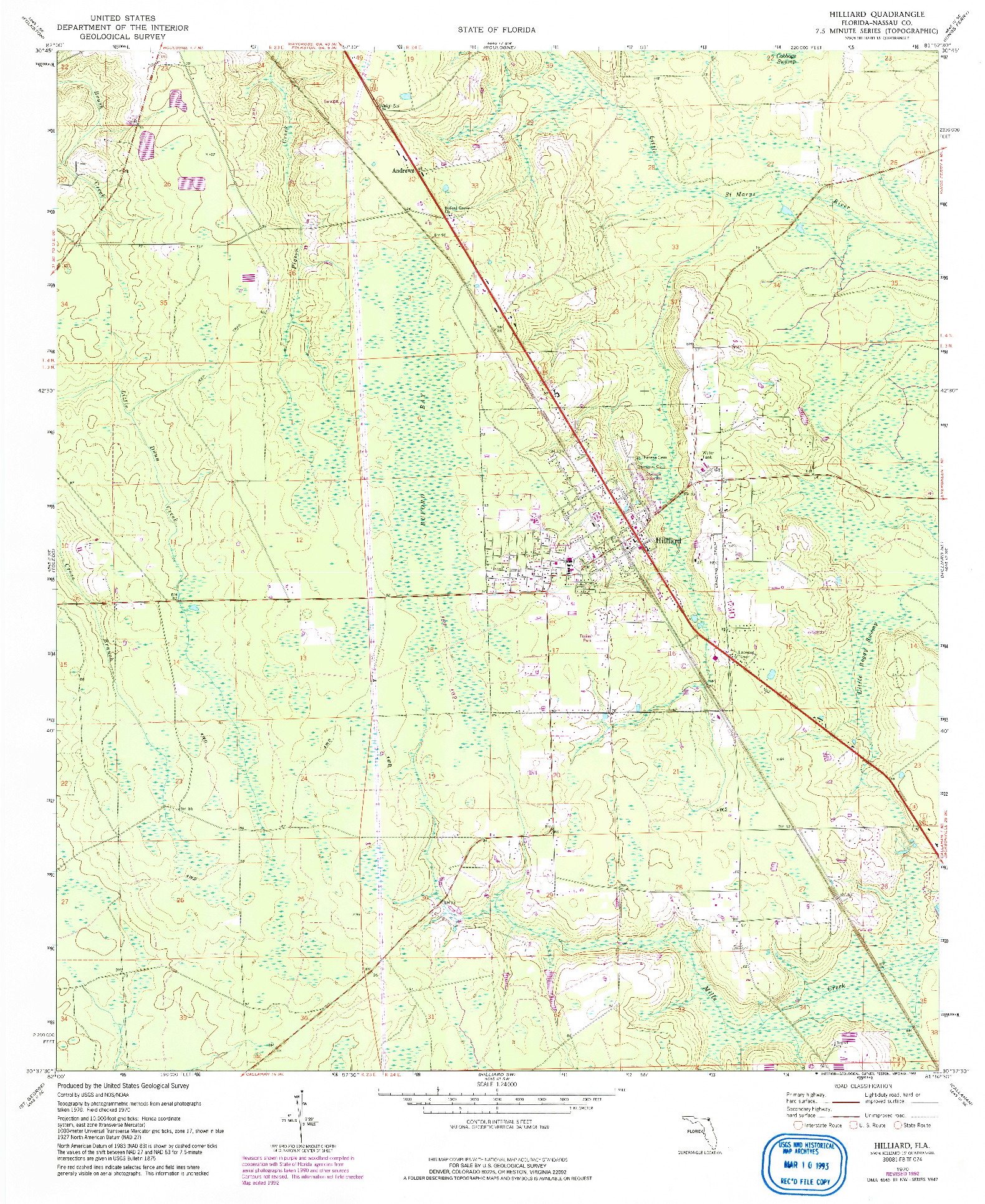 USGS 1:24000-SCALE QUADRANGLE FOR HILLIARD, FL 1970