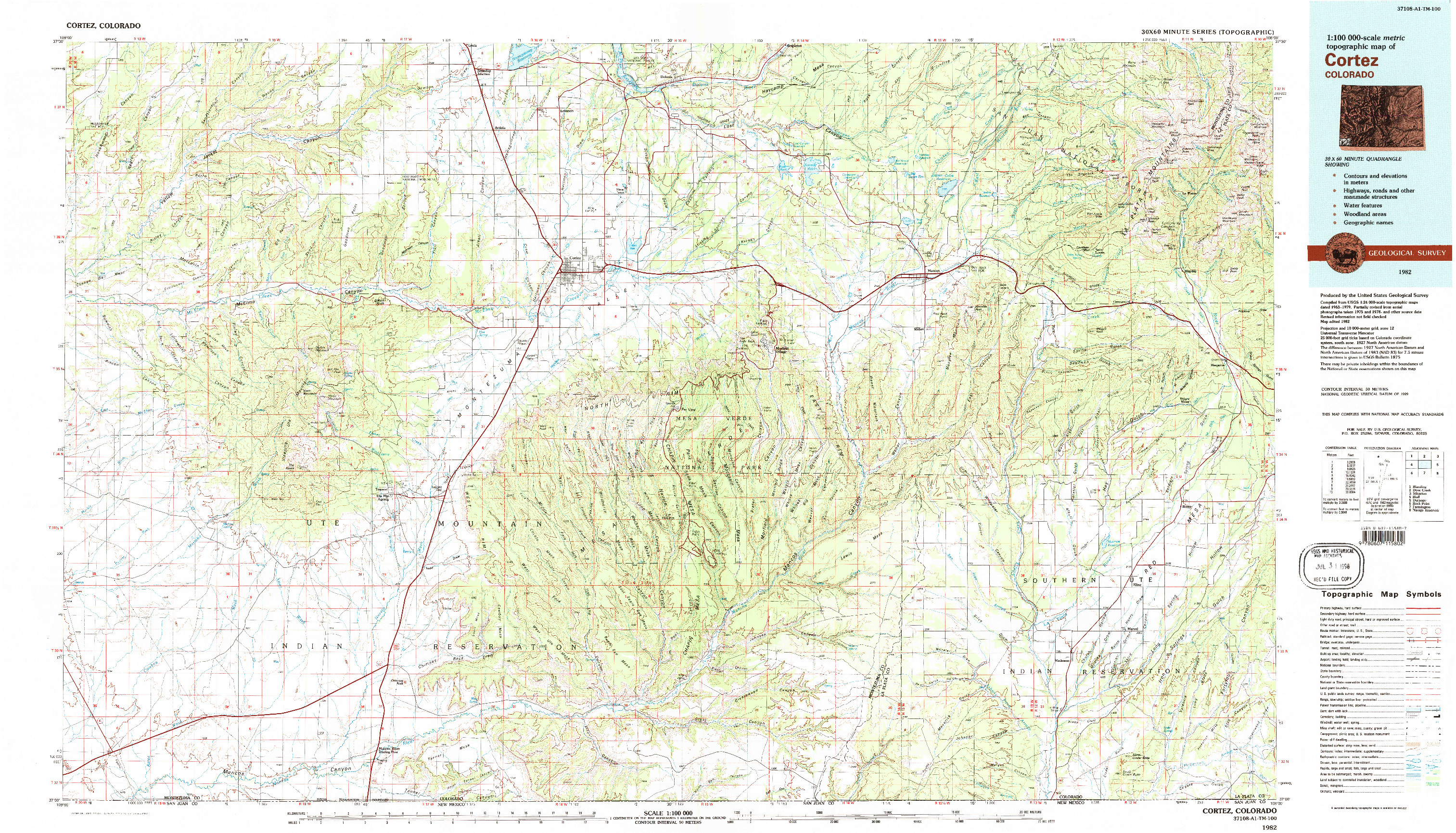 USGS 1:100000-SCALE QUADRANGLE FOR CORTEZ, CO 1982