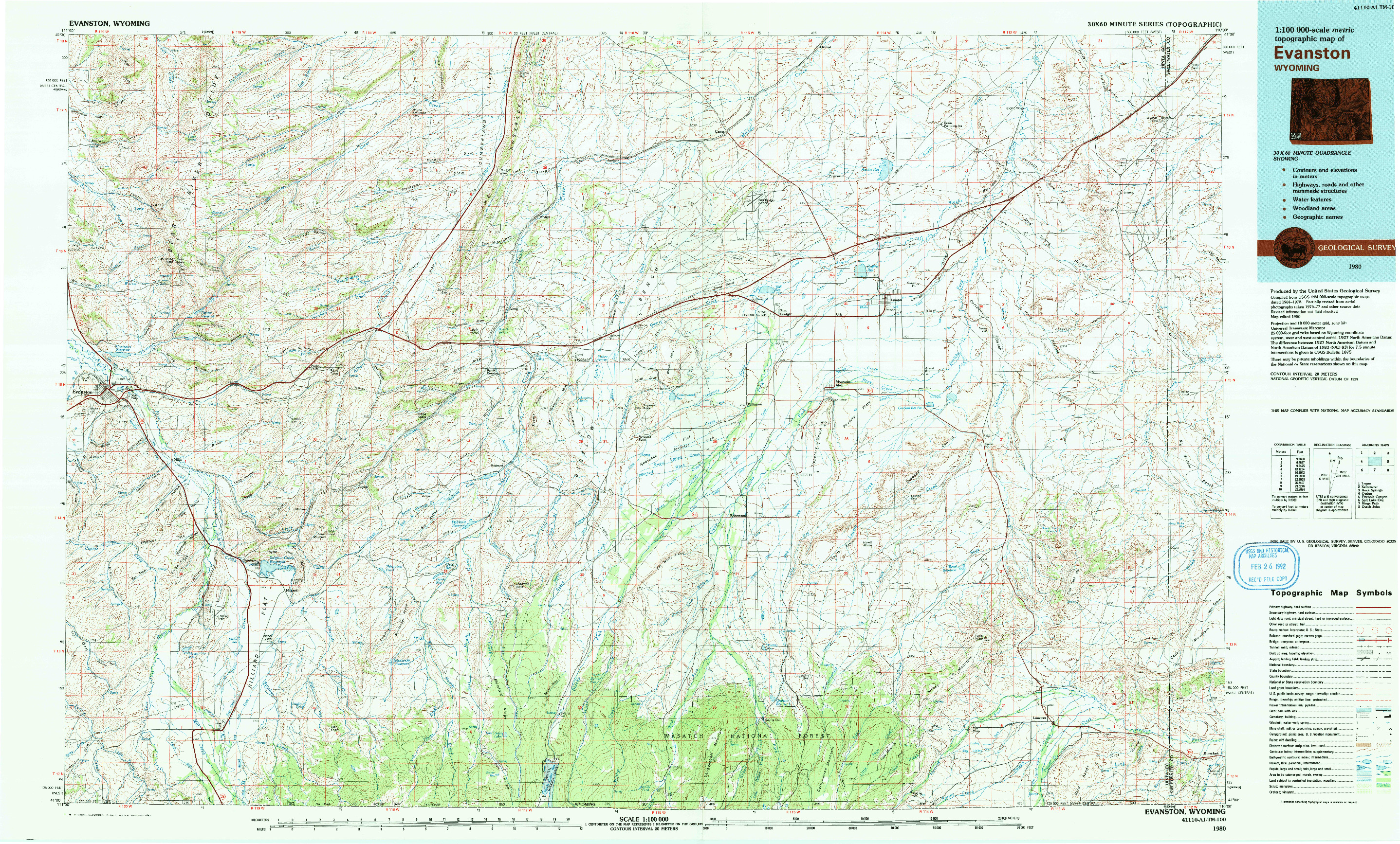 USGS 1:100000-SCALE QUADRANGLE FOR EVANSTON, WY 1980