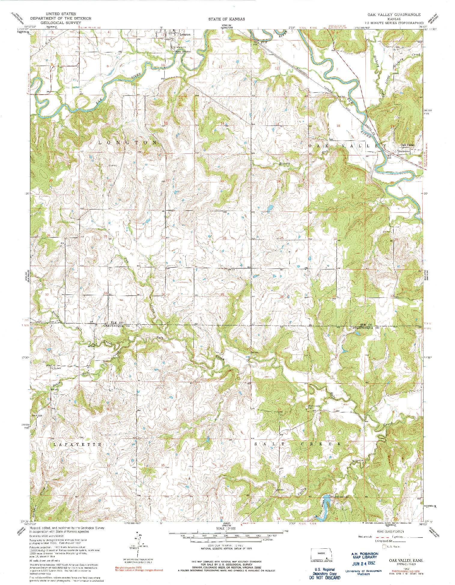 USGS 1:24000-SCALE QUADRANGLE FOR OAK VALLEY, KS 1962