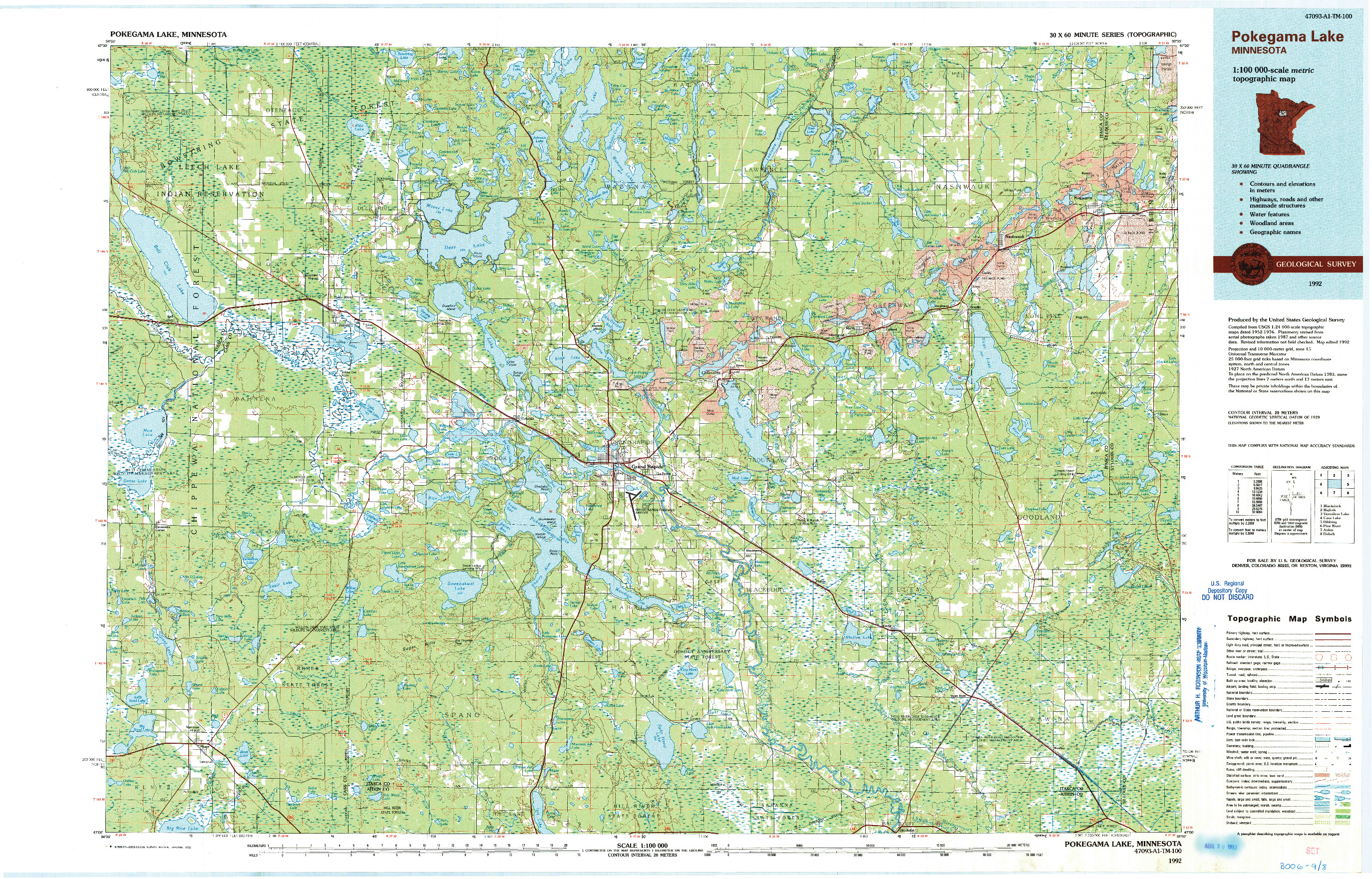 USGS 1:100000-SCALE QUADRANGLE FOR POKEGAMA LAKE, MN 1992