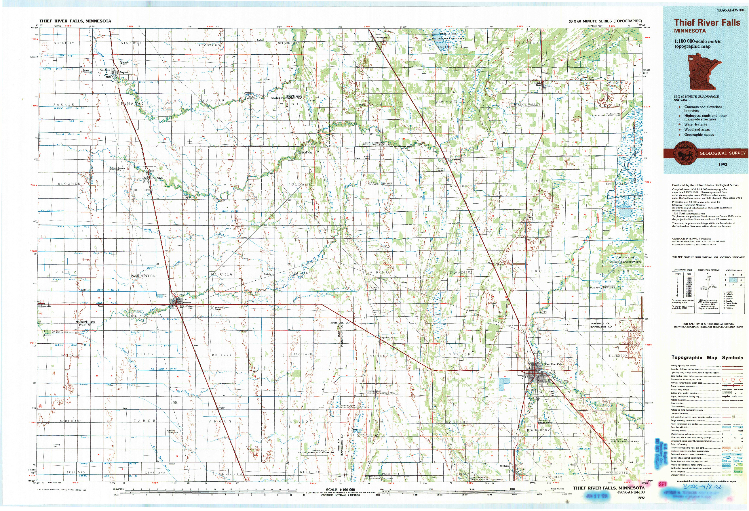 USGS 1:100000-SCALE QUADRANGLE FOR THIEF RIVER FALLS, MN 1992