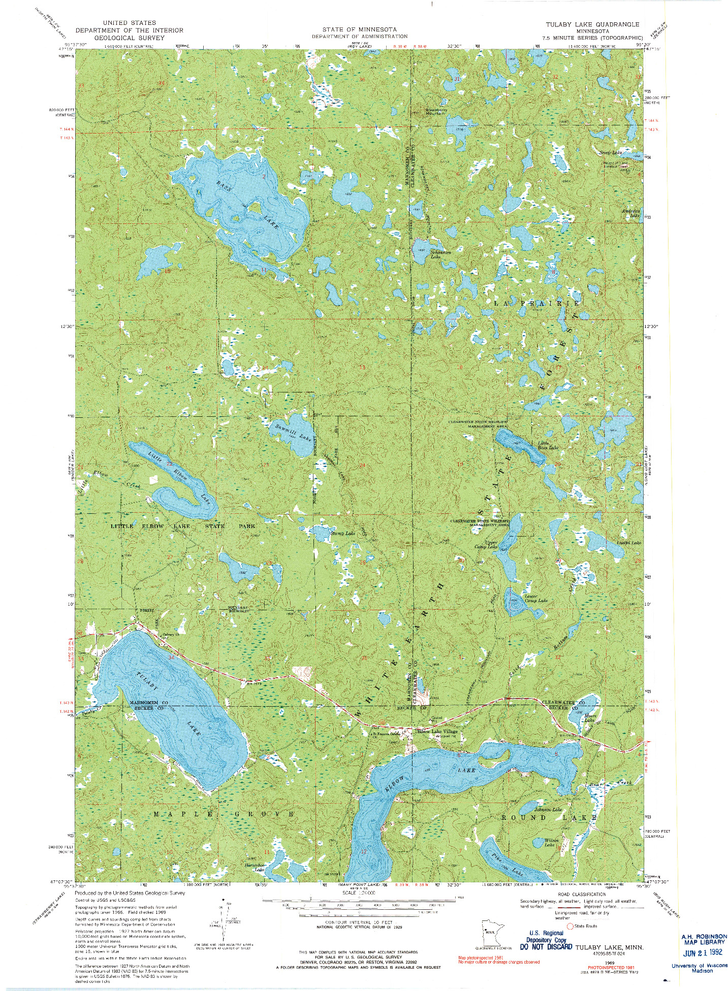 USGS 1:24000-SCALE QUADRANGLE FOR TULABY LAKE, MN 1969