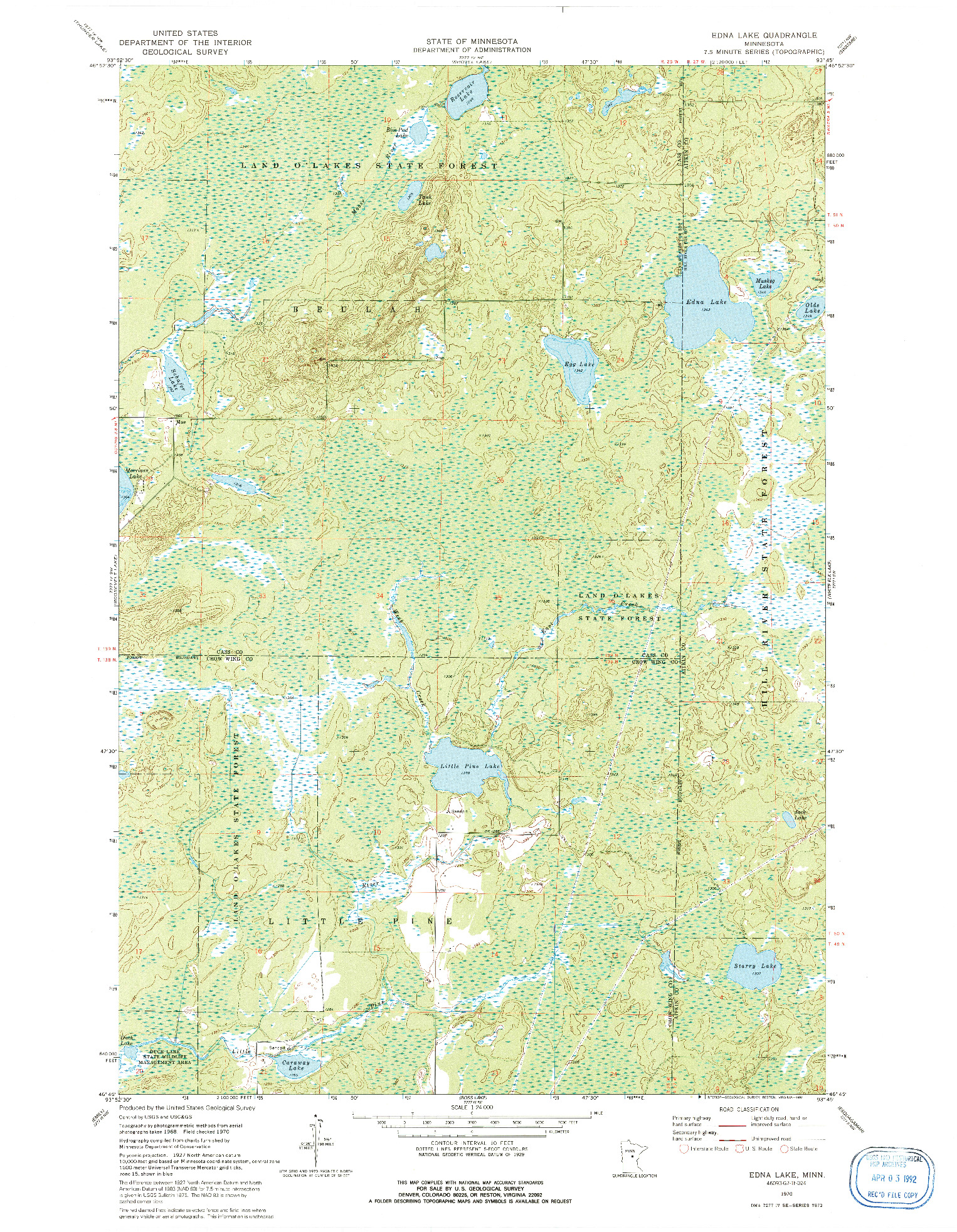 USGS 1:24000-SCALE QUADRANGLE FOR EDNA LAKE, MN 1970