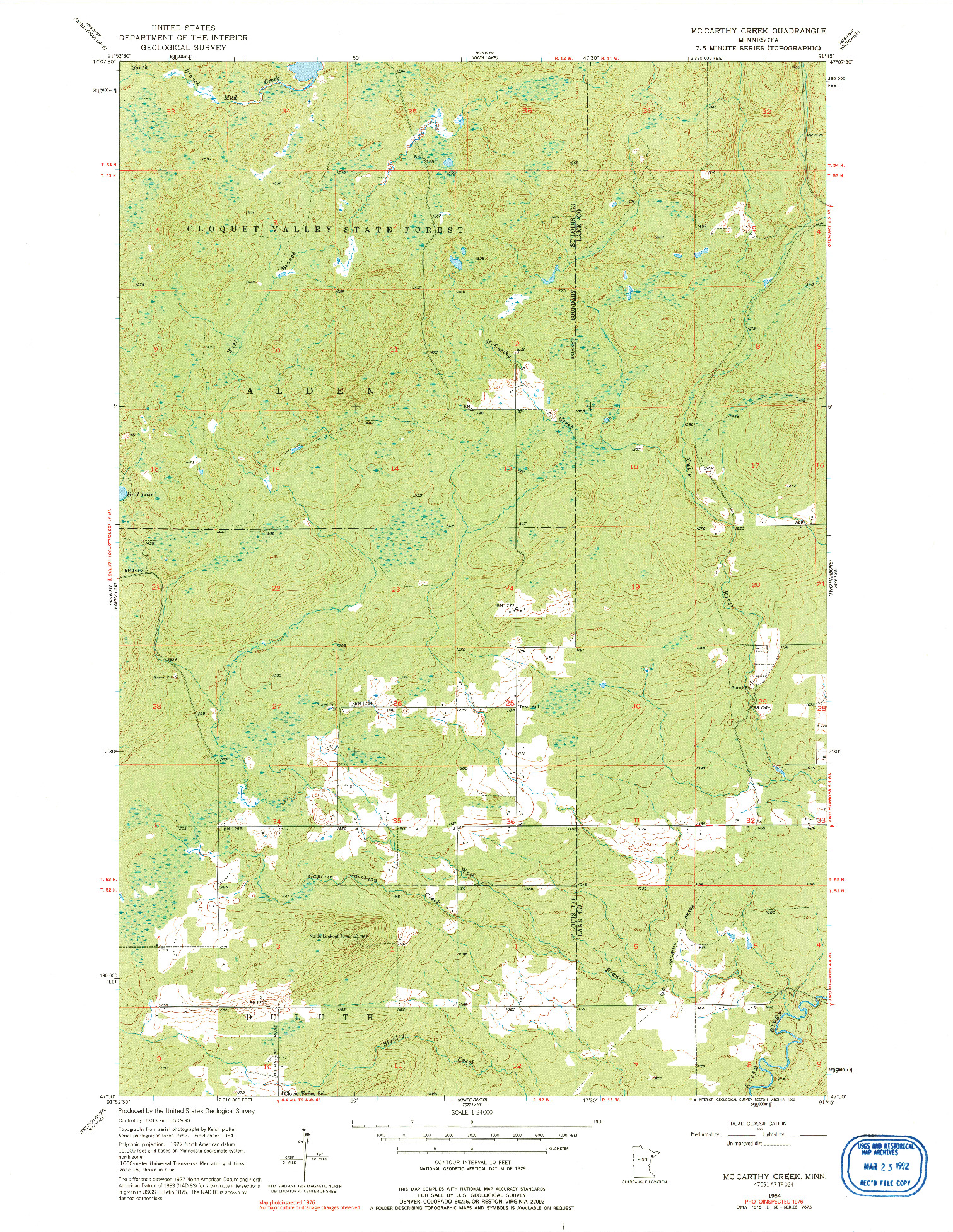USGS 1:24000-SCALE QUADRANGLE FOR MC CARTHY CREEK, MN 1954
