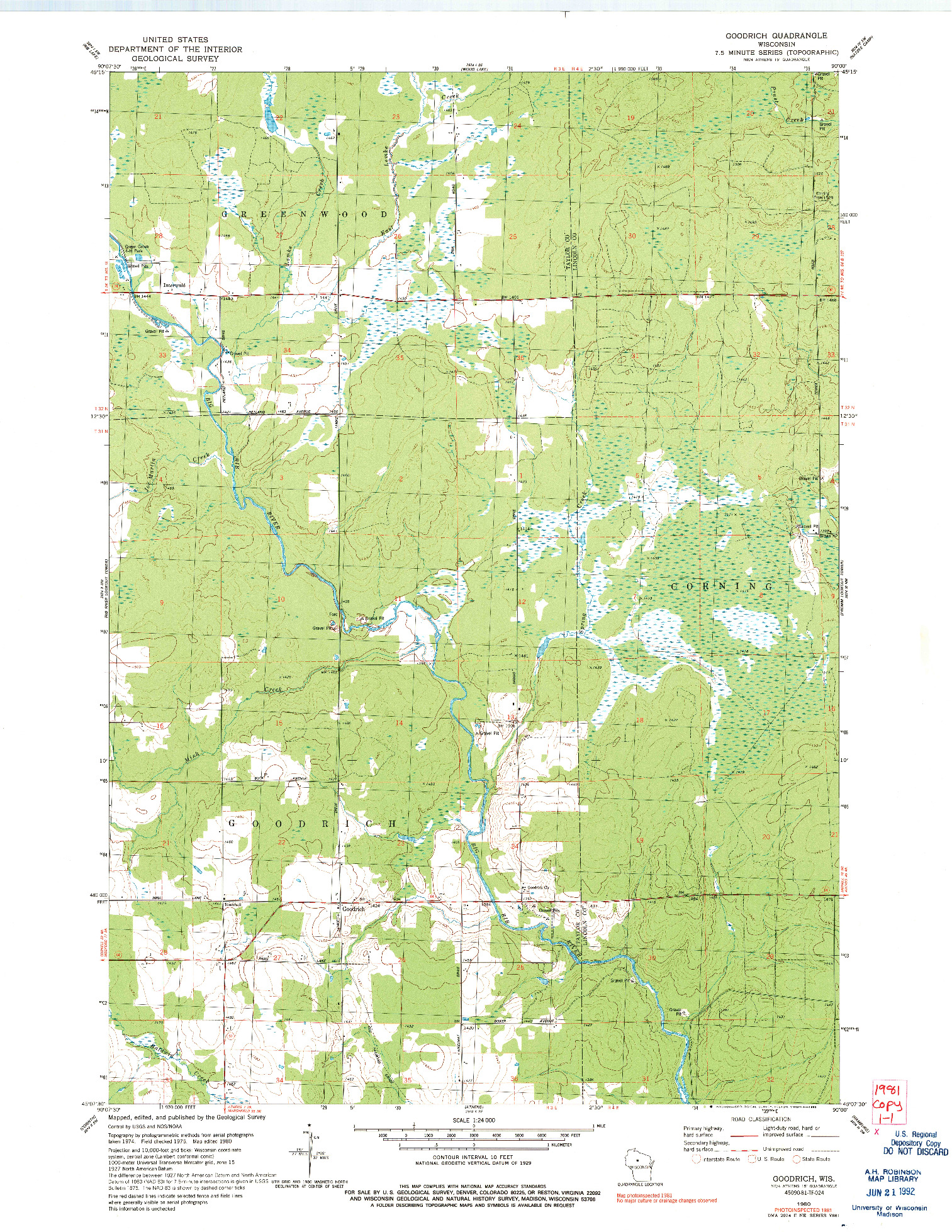 USGS 1:24000-SCALE QUADRANGLE FOR GOODRICH, WI 1980