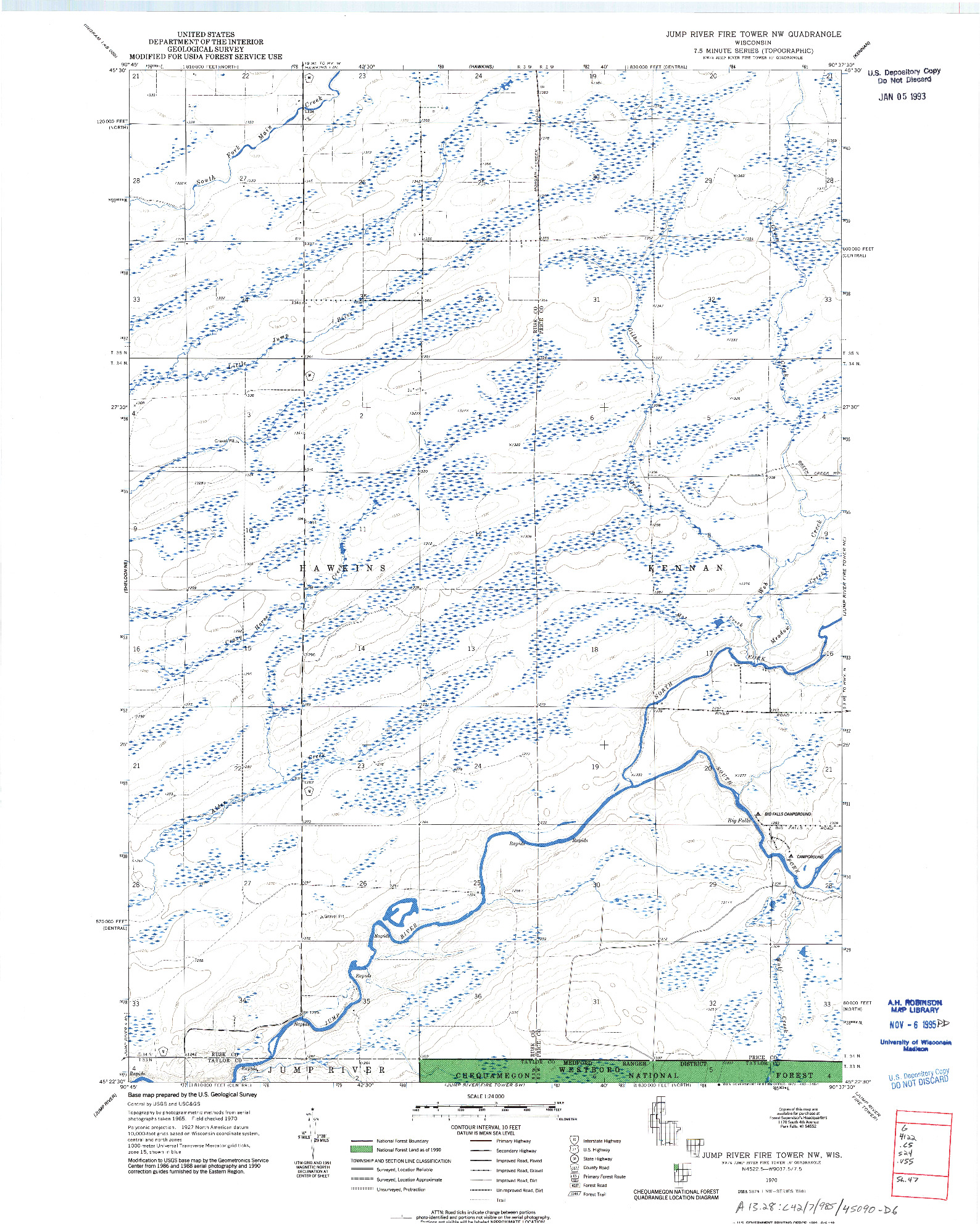 USGS 1:24000-SCALE QUADRANGLE FOR JUMP RIVER FIRE TOWER NW, WI 1970