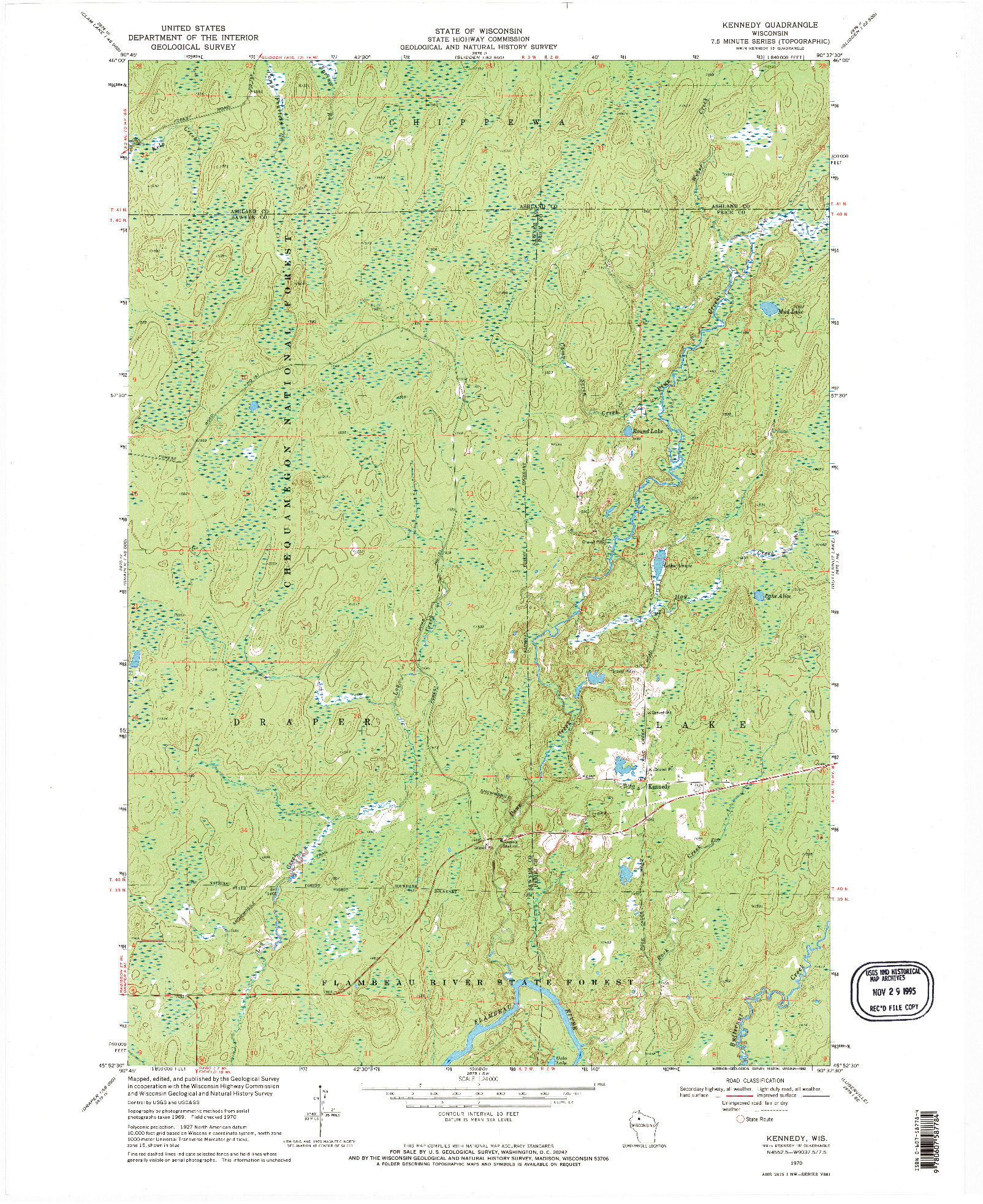 USGS 1:24000-SCALE QUADRANGLE FOR KENNEDY, WI 1970