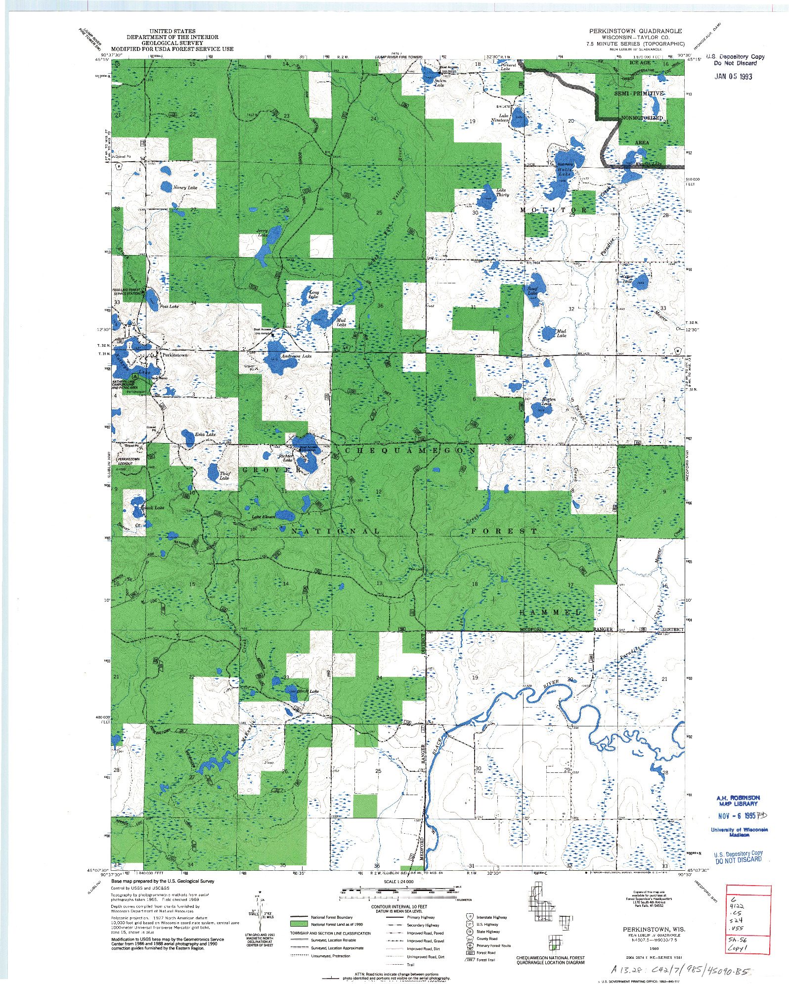 USGS 1:24000-SCALE QUADRANGLE FOR PERKINSTOWN, WI 1969