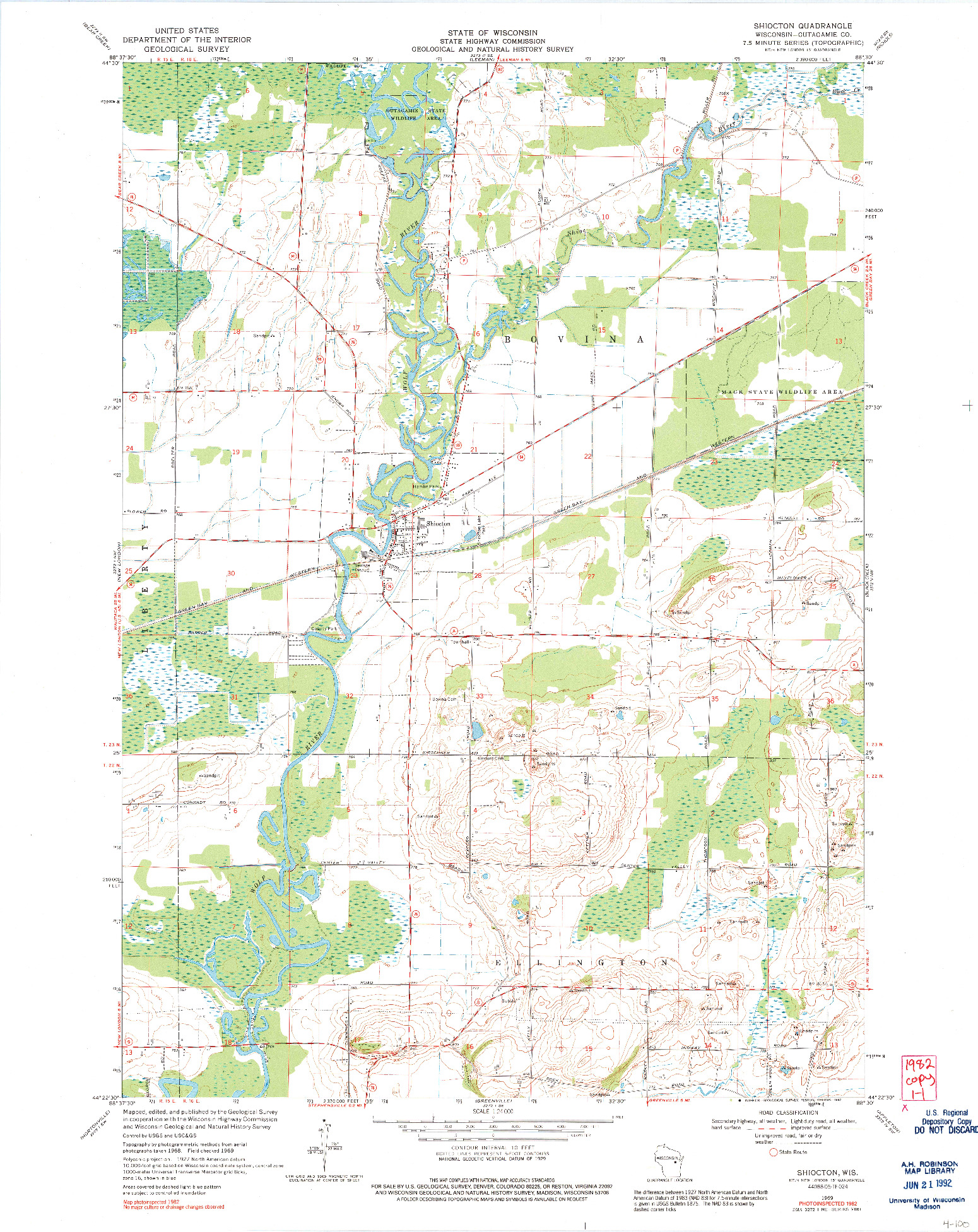 USGS 1:24000-SCALE QUADRANGLE FOR SHIOCTON, WI 1969