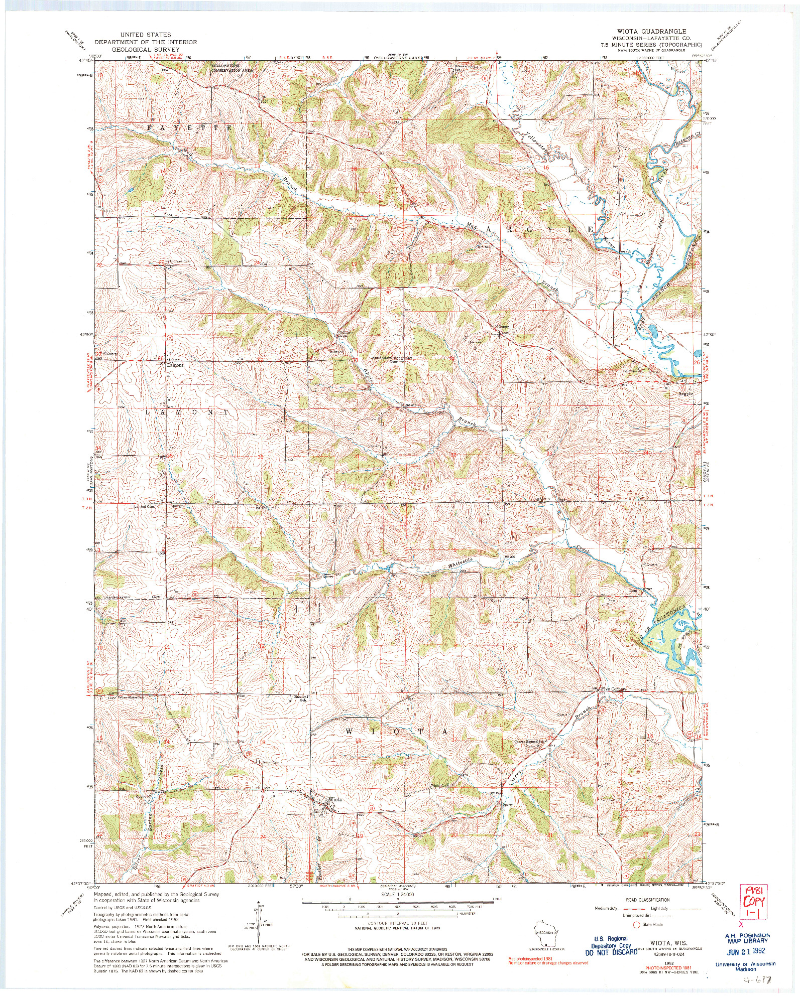 USGS 1:24000-SCALE QUADRANGLE FOR WIOTA, WI 1962