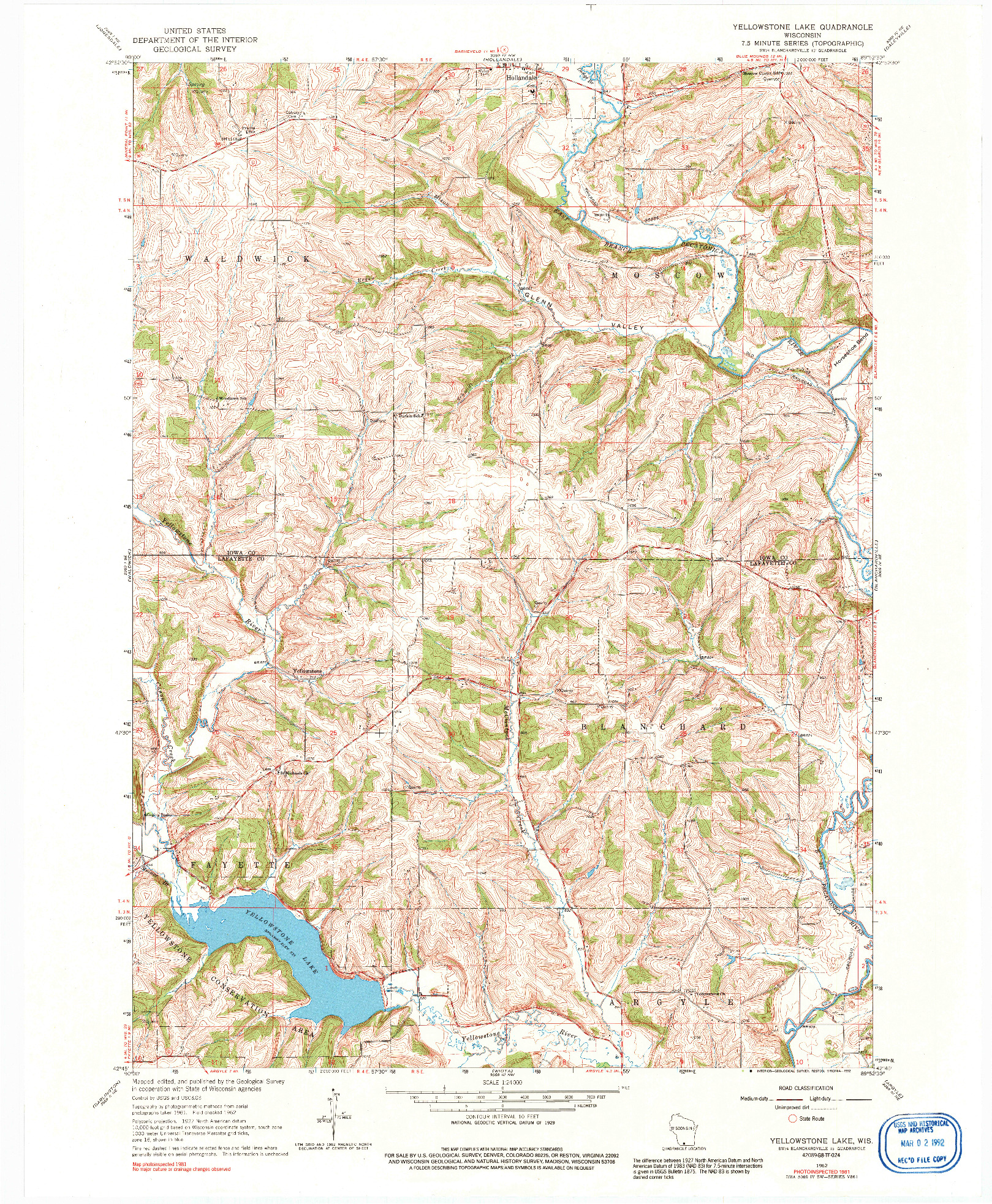 USGS 1:24000-SCALE QUADRANGLE FOR YELLOWSTONE LAKE, WI 1962