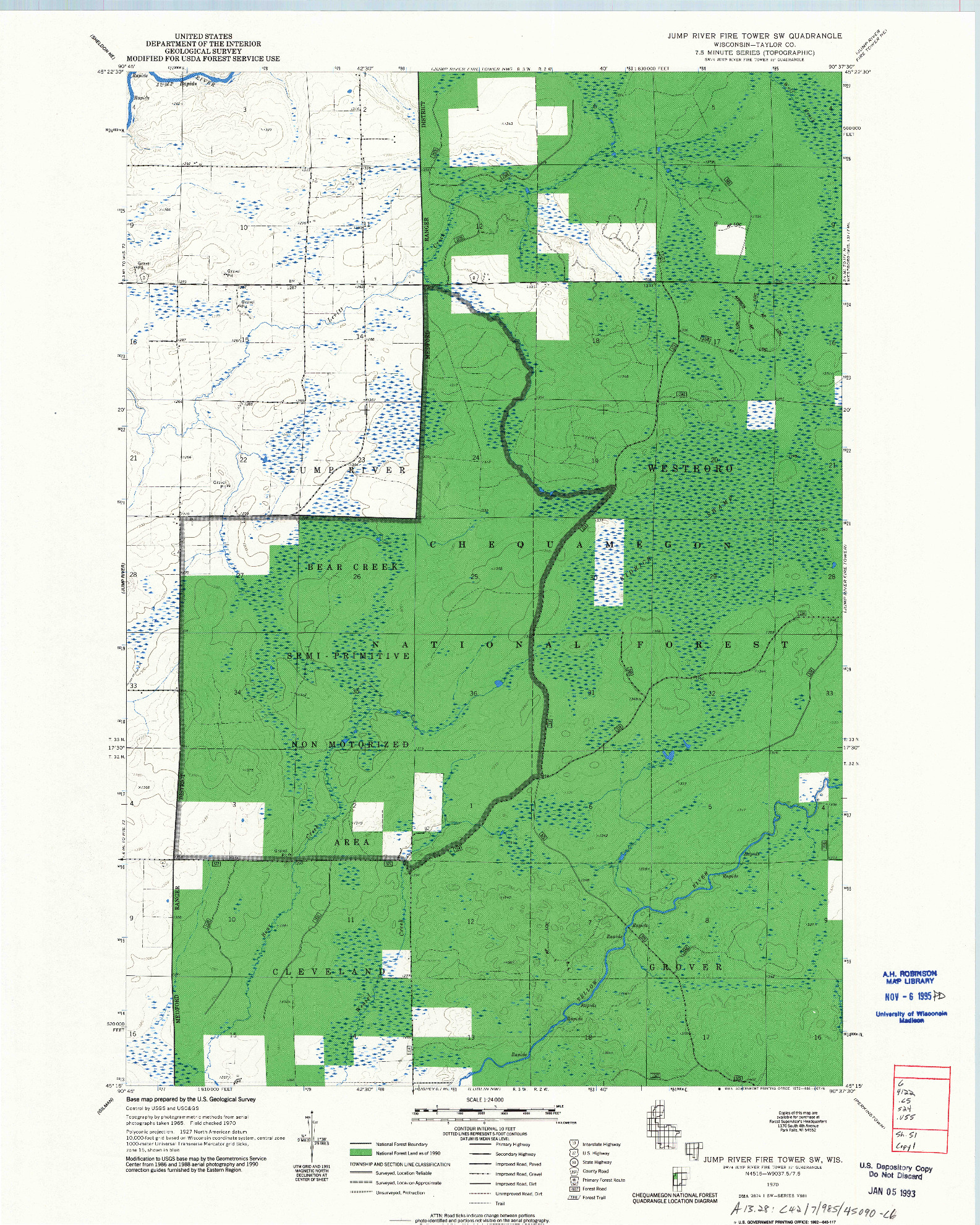 USGS 1:24000-SCALE QUADRANGLE FOR JUMP RIVER FIRE TOWER SW, WI 1970