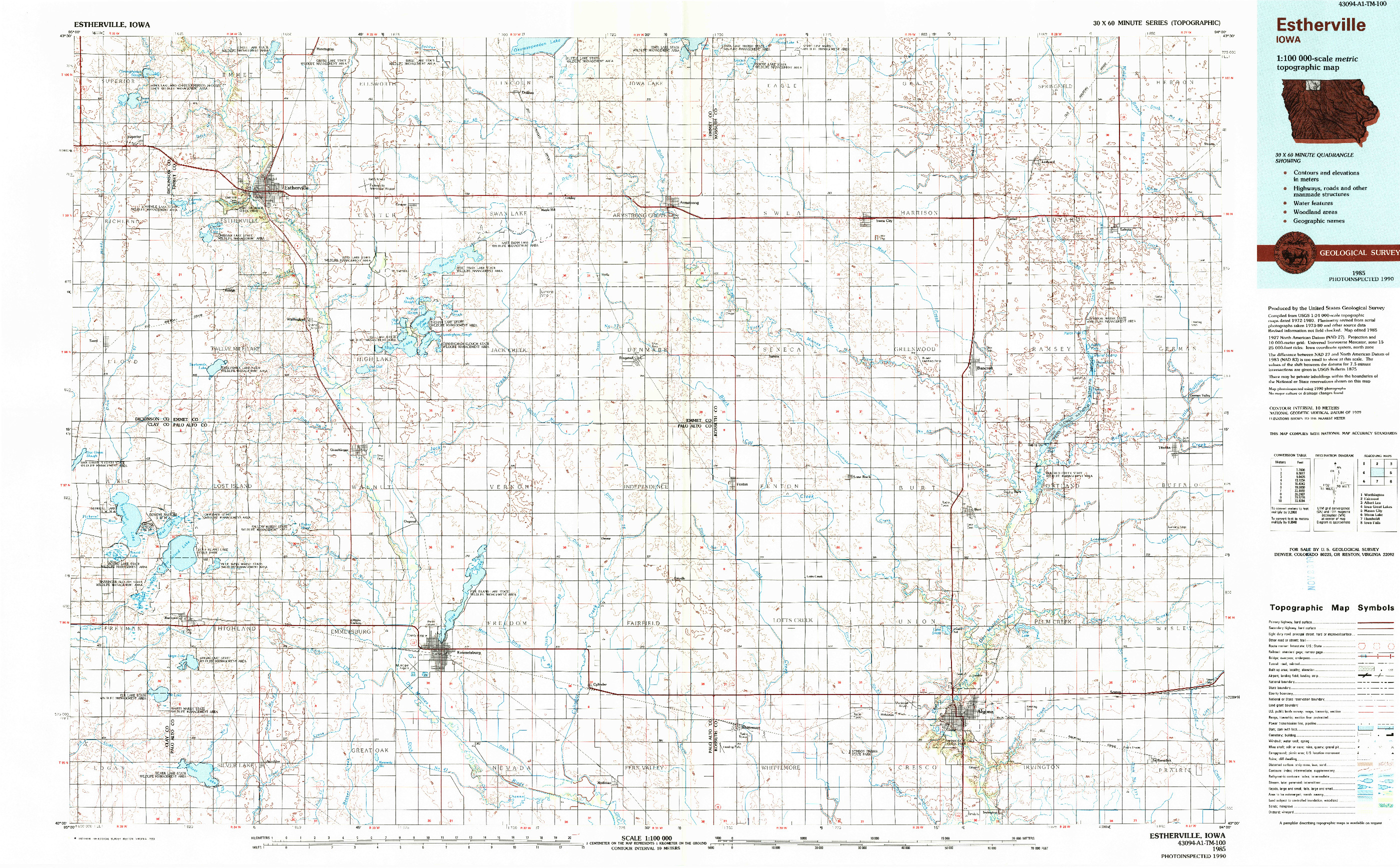 USGS 1:100000-SCALE QUADRANGLE FOR ESTHERVILLE, IA 1985