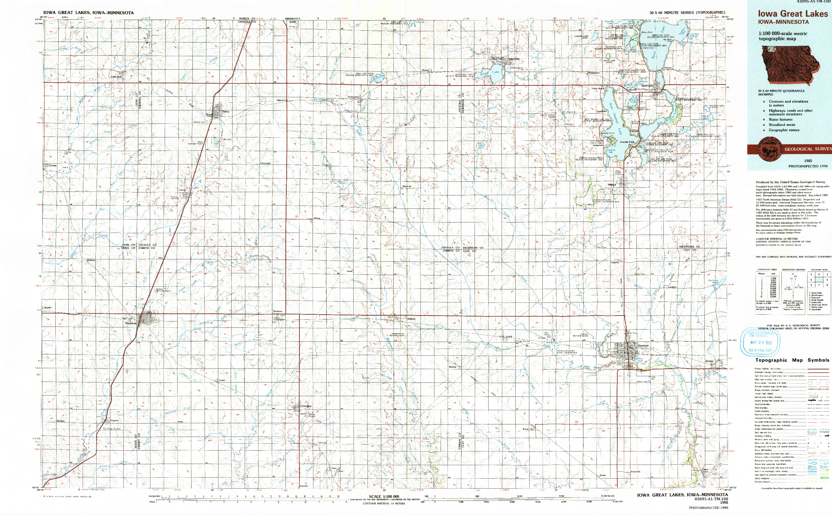 USGS 1:100000-SCALE QUADRANGLE FOR IOWA GREAT LAKES, IA 1985