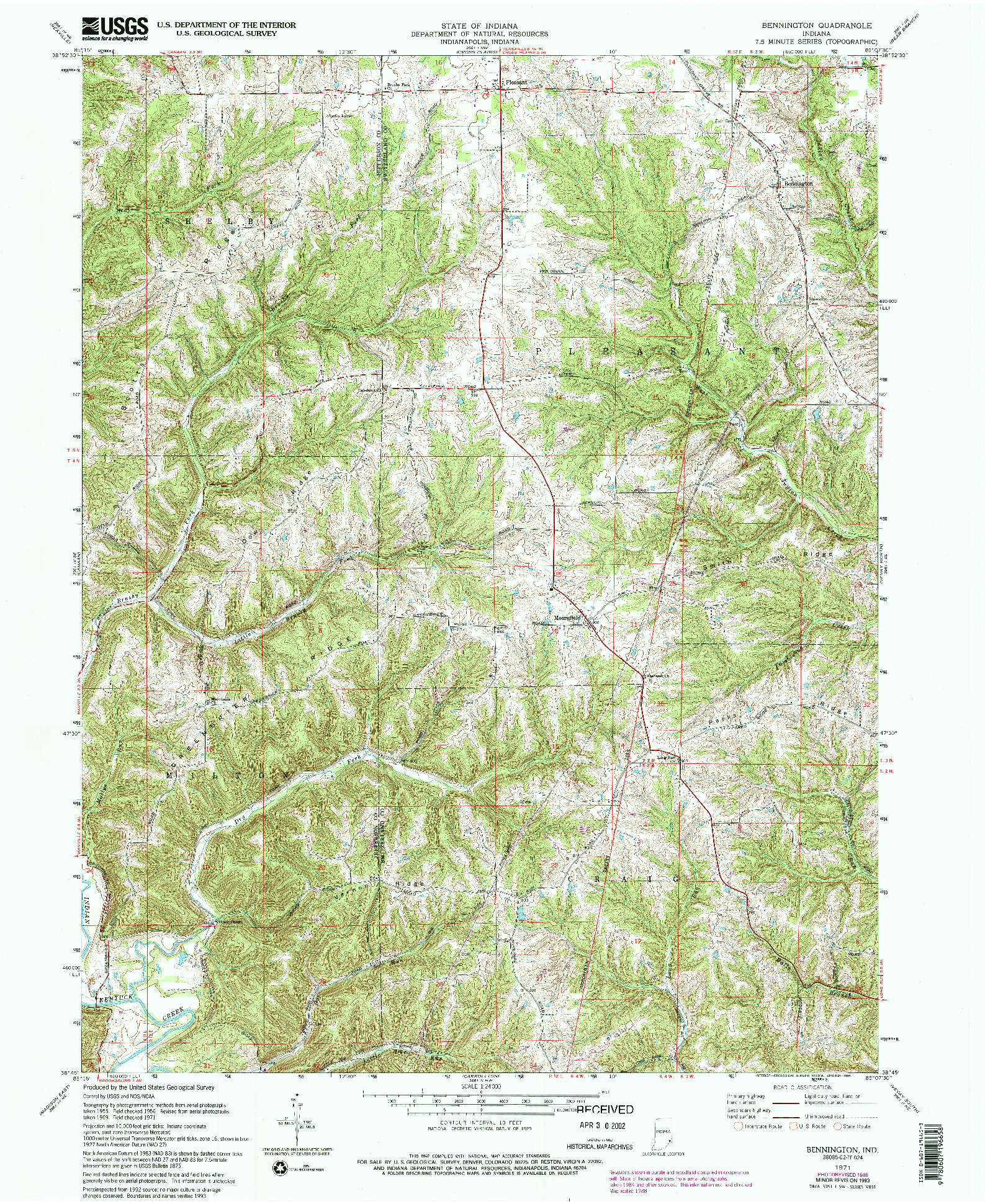 USGS 1:24000-SCALE QUADRANGLE FOR BENNINGTON, IN 1971