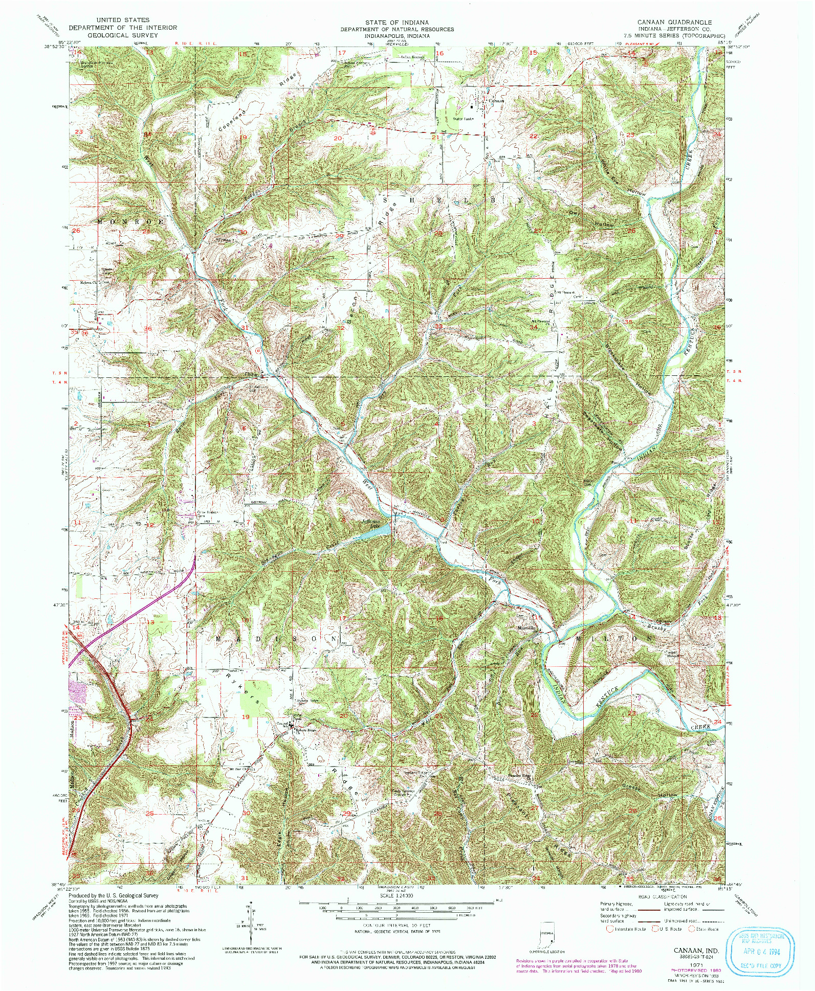 USGS 1:24000-SCALE QUADRANGLE FOR CANAAN, IN 1971