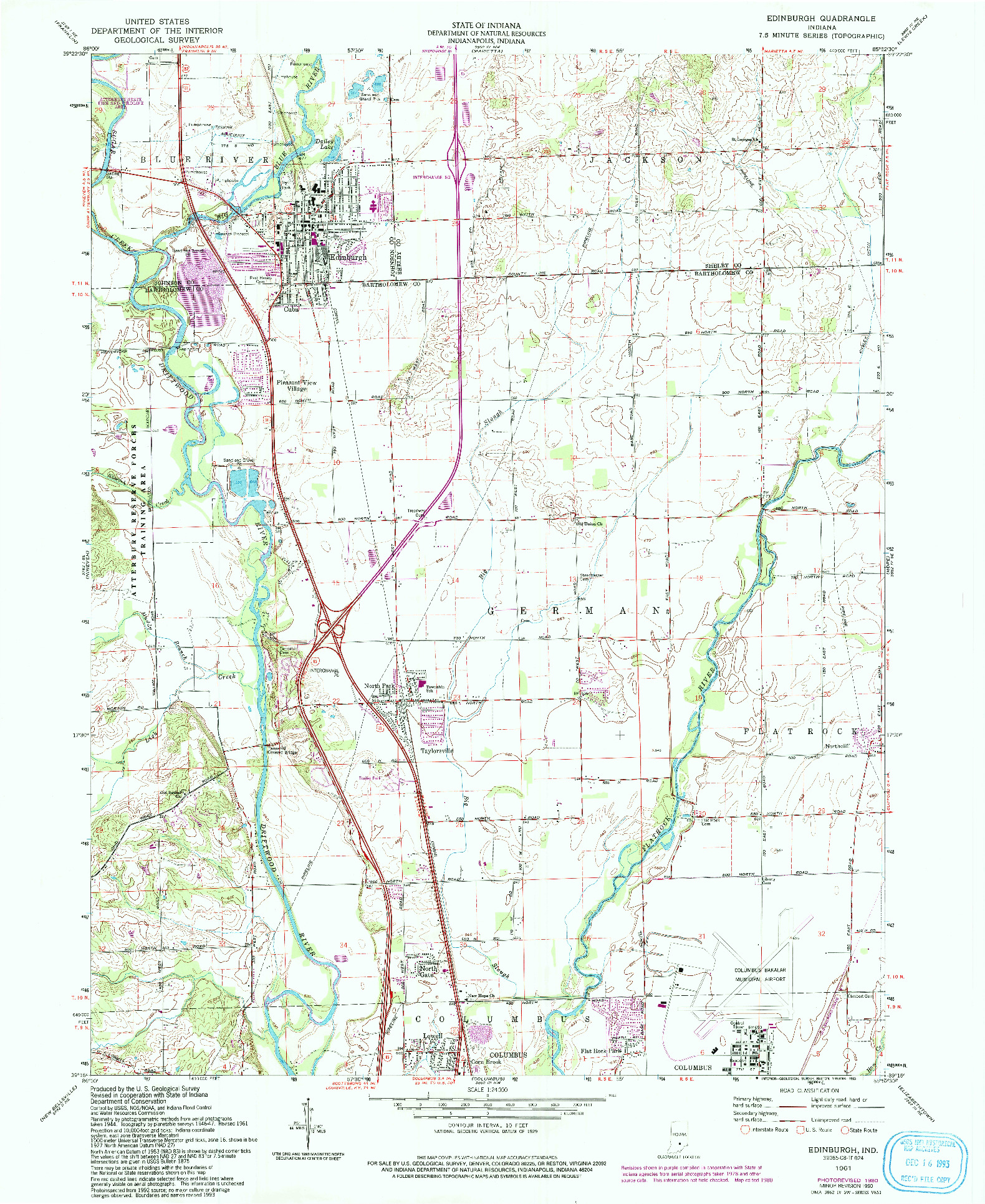 USGS 1:24000-SCALE QUADRANGLE FOR EDINBURGH, IN 1961