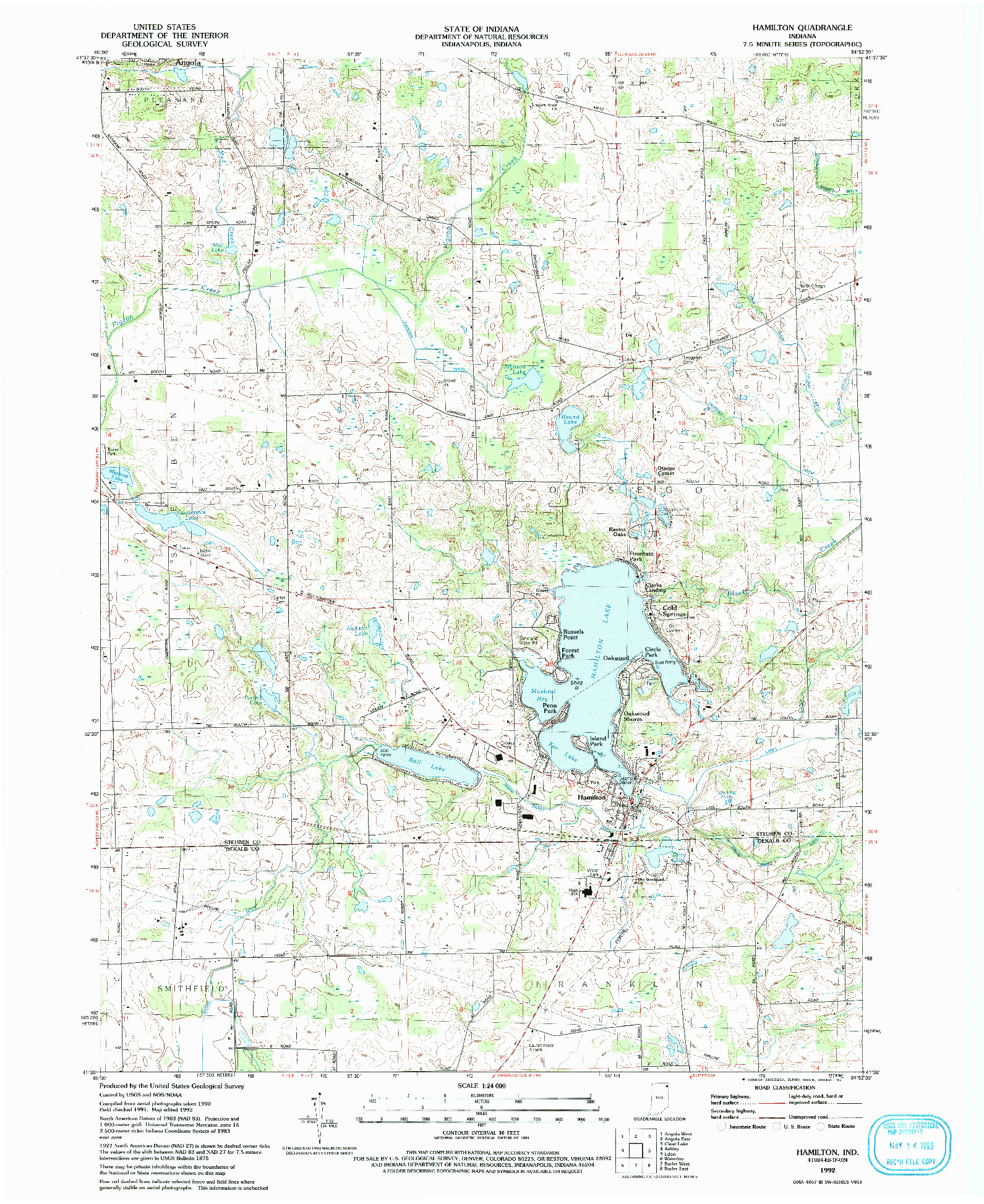 USGS 1:24000-SCALE QUADRANGLE FOR HAMILTON, IN 1992