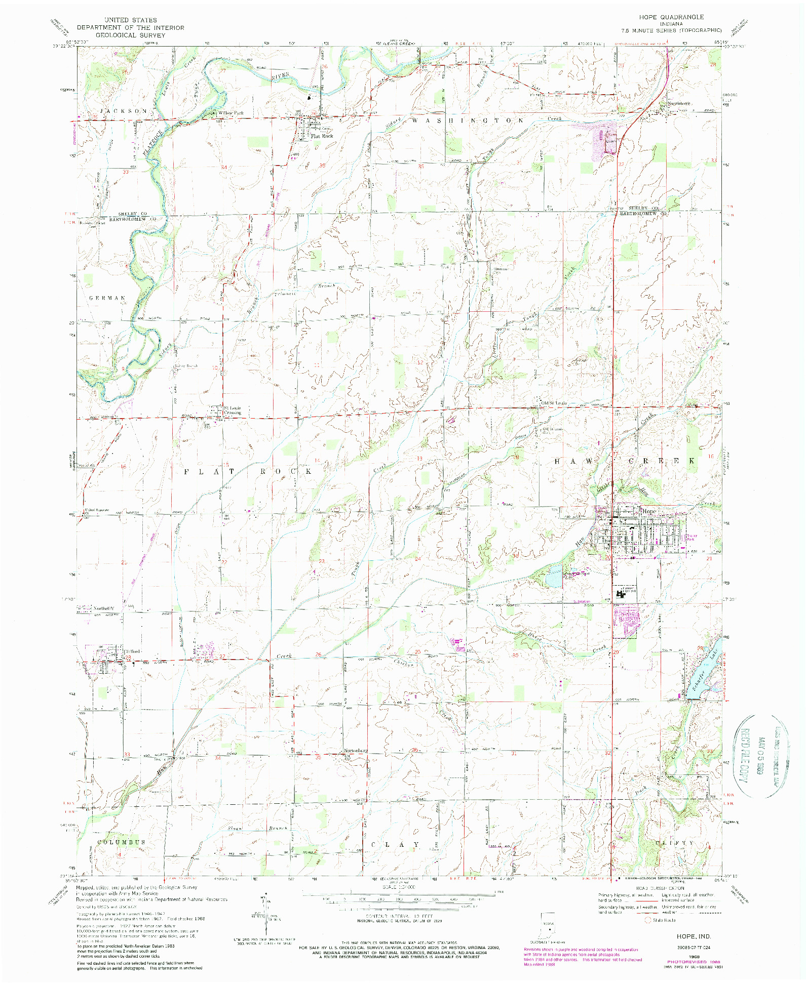 USGS 1:24000-SCALE QUADRANGLE FOR HOPE, IN 1968