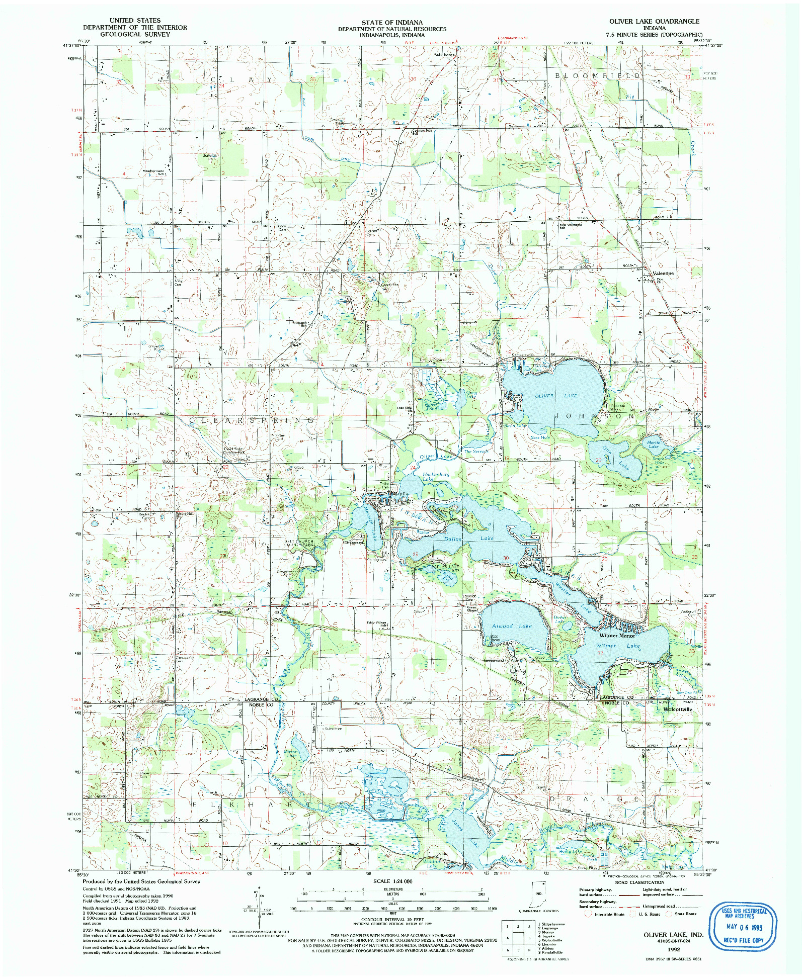 USGS 1:24000-SCALE QUADRANGLE FOR OLIVER LAKE, IN 1992