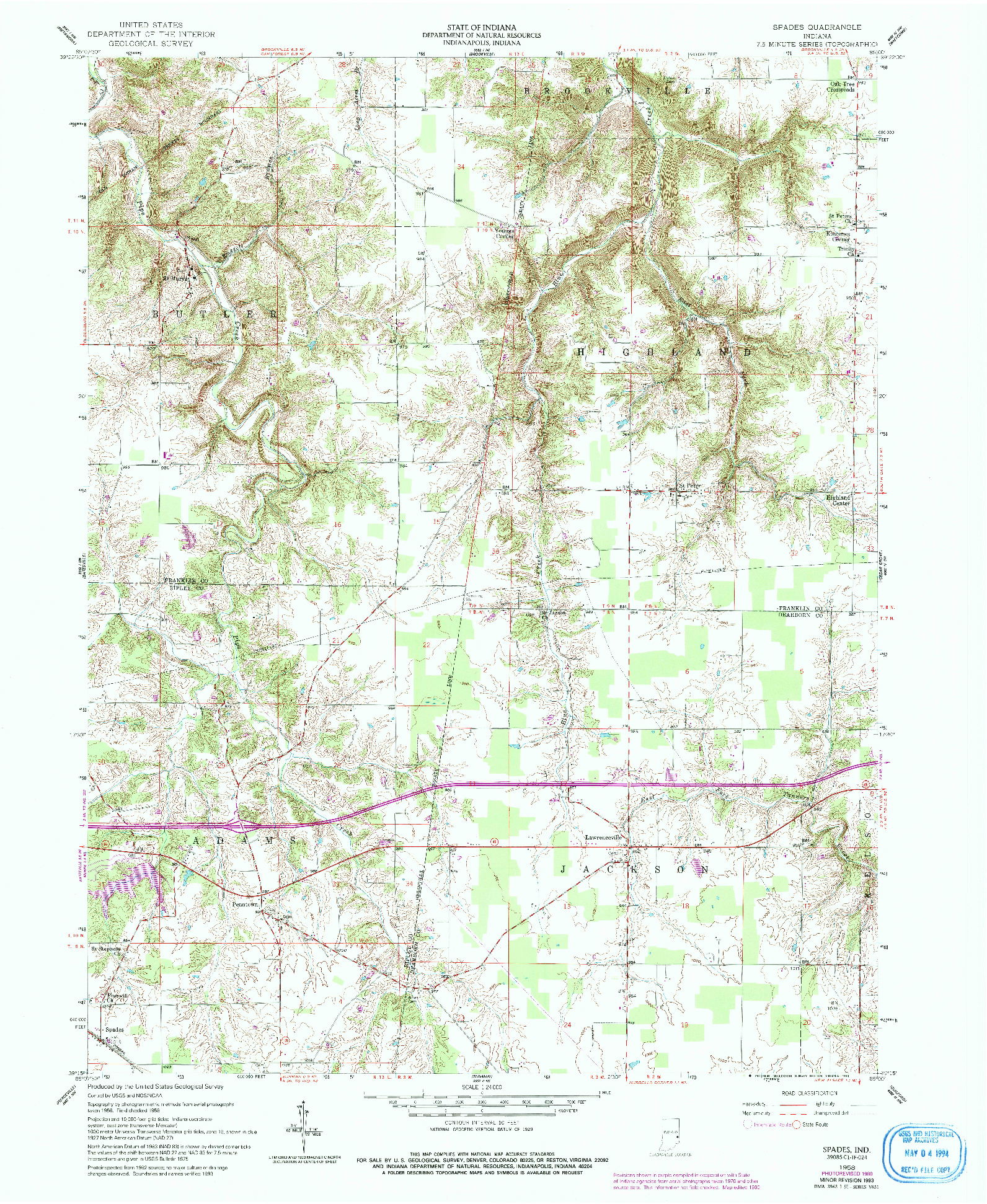 USGS 1:24000-SCALE QUADRANGLE FOR SPADES, IN 1958