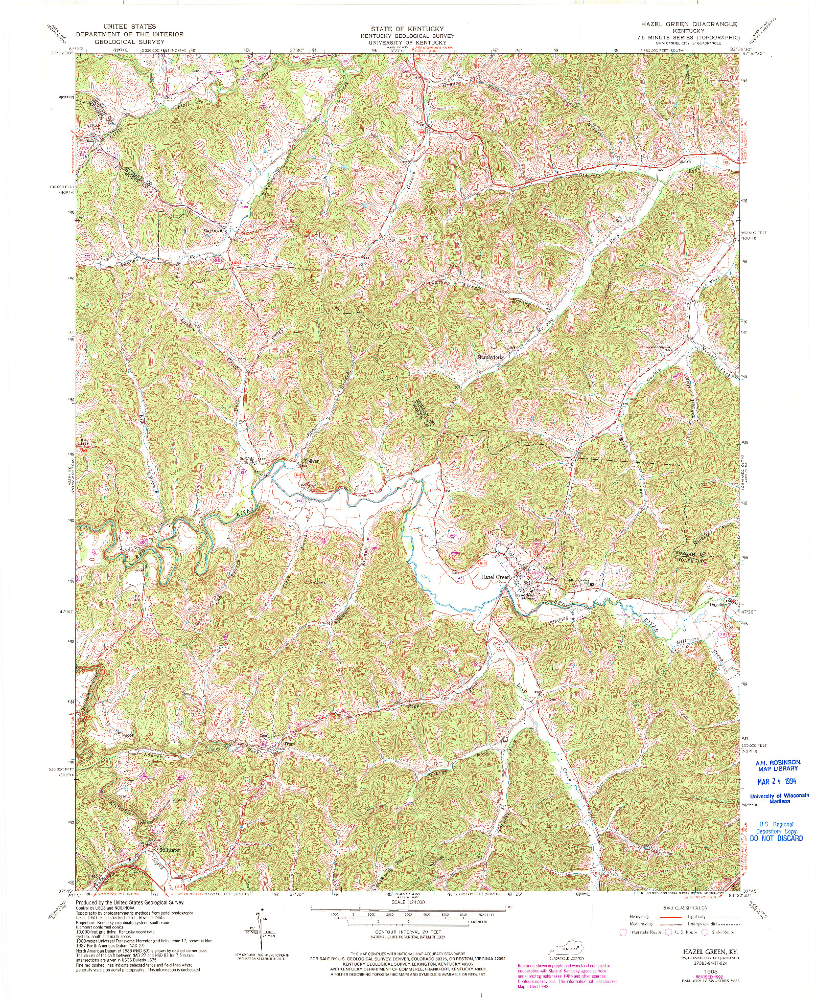 USGS 1:24000-SCALE QUADRANGLE FOR HAZEL GREEN, KY 1965