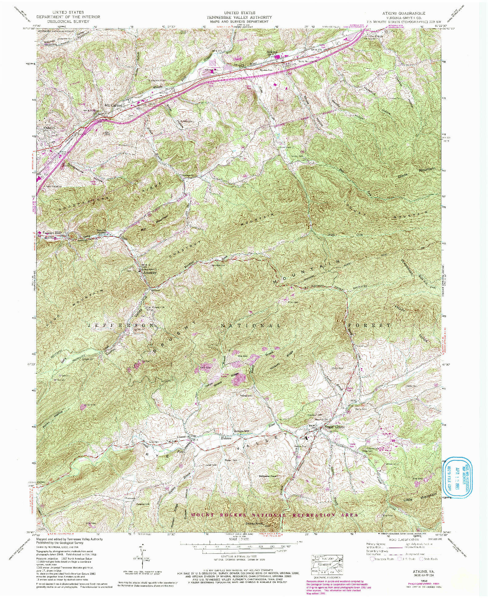 USGS 1:24000-SCALE QUADRANGLE FOR ATKINS, VA 1958