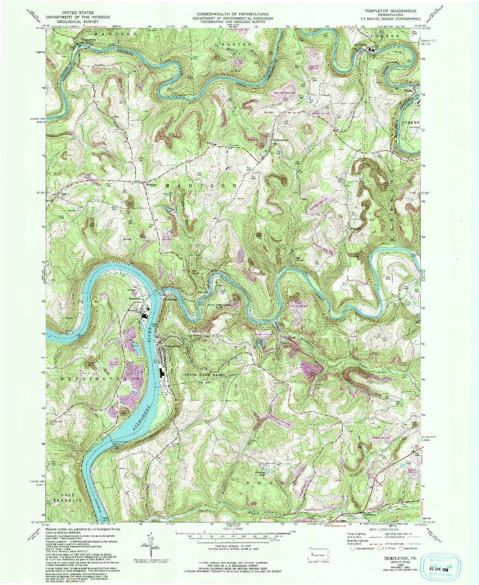 USGS 1:24000-SCALE QUADRANGLE FOR TEMPLETON, PA 1969
