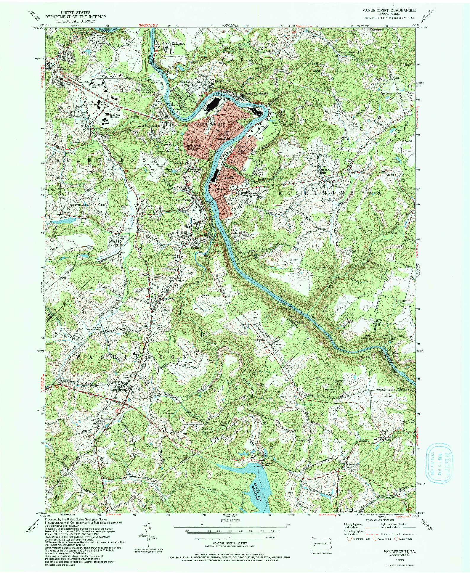 USGS 1:24000-SCALE QUADRANGLE FOR VANDERGRIFT, PA 1993